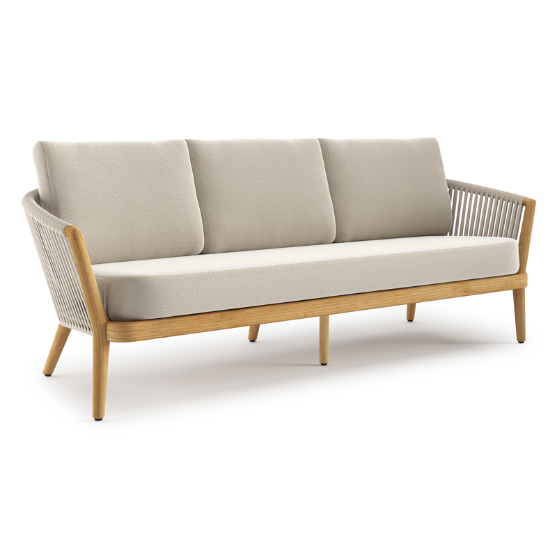 Orso loungebank in teak en beige verticaal geweven luxe vlakke rope met Lopi Marble all weather sunbrella® luxe kussen