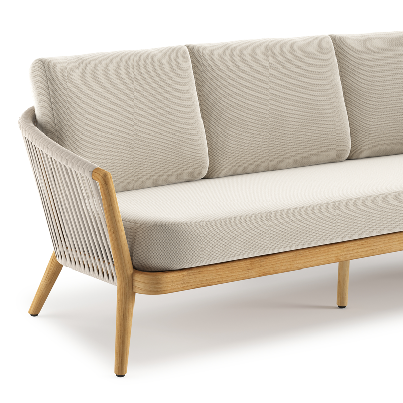 Orso loungebank in teak en beige verticaal geweven luxe vlakke rope met Lopi Marble all weather sunbrella® luxe kussen