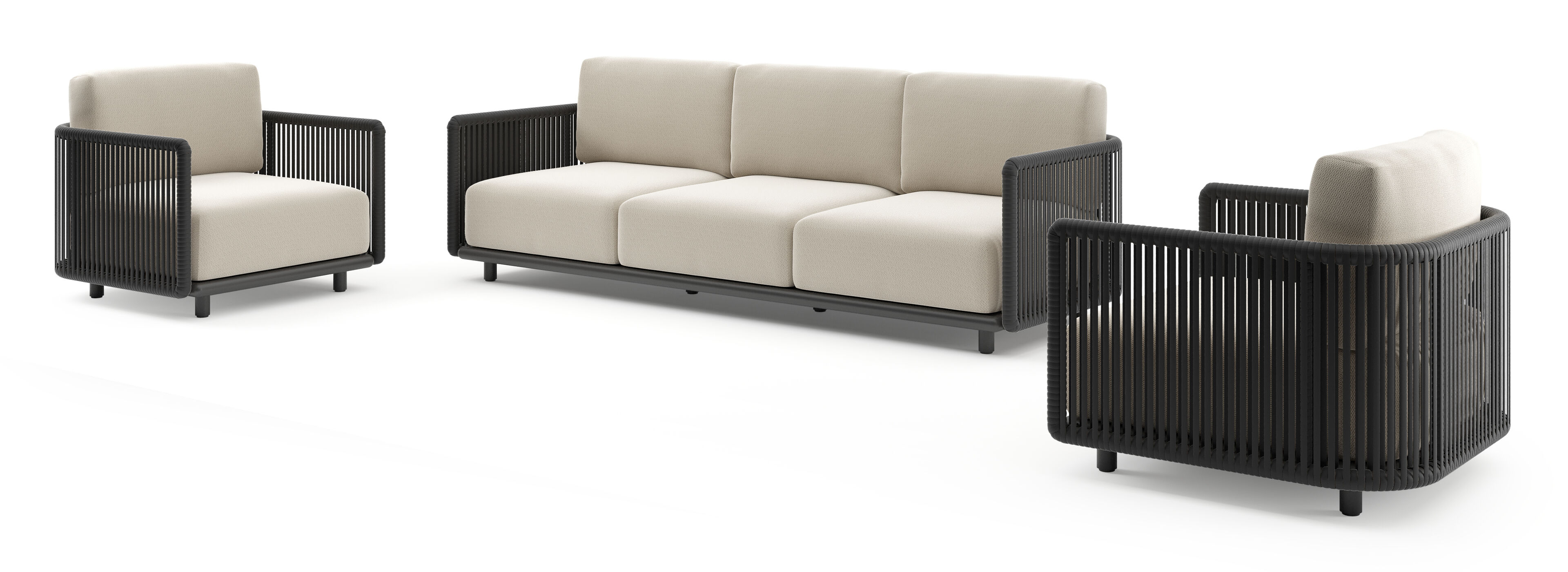 Salon de jardin Organo en aluminium noir et corde luxe plate tissée verticalement noir et coussin en all weather Sunbrella® luxe lopi marble