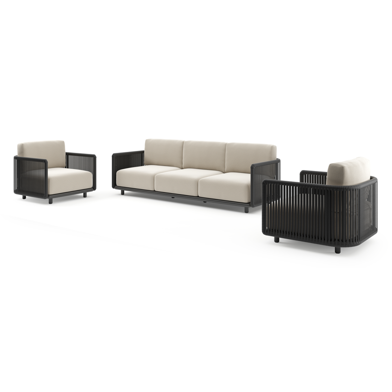 Organo loungeset in zwart aluminium en zwart verticaal geweven luxe vlakke rope met lopi marble all weather Sunbrella® luxe kussen