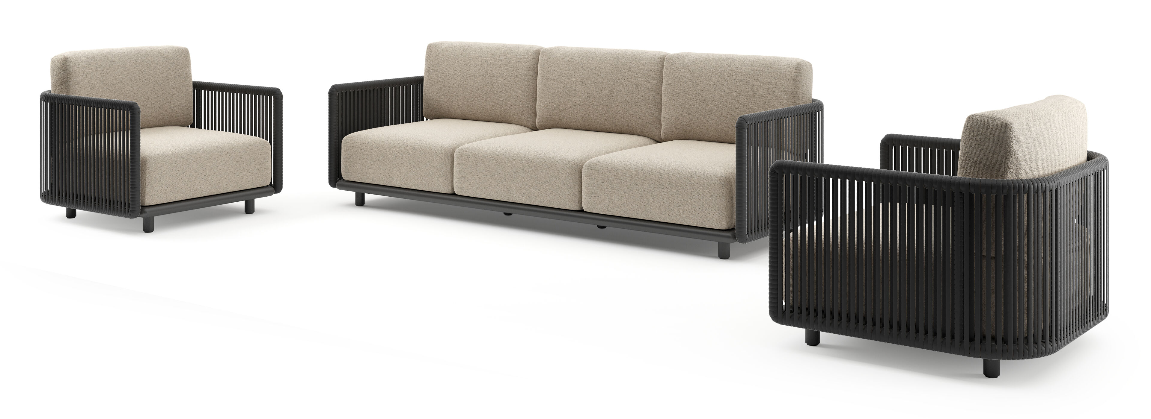 Organo loungeset in zwart aluminium en zwart verticaal geweven luxe vlakke rope met marbella beige All Weather Cosytica kussens