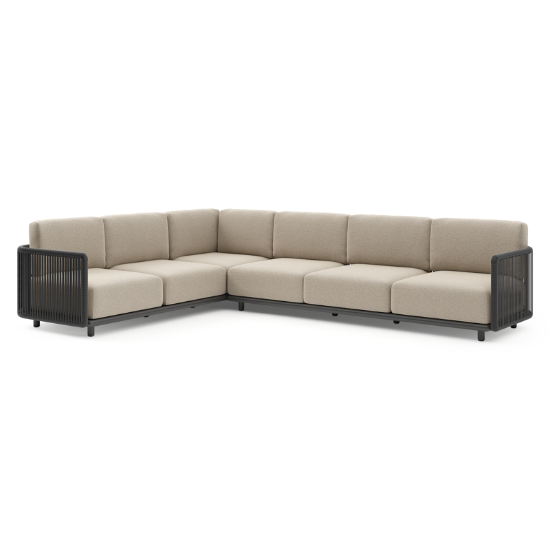 Organo loungehoek in zwart aluminium en zwart verticaal geweven luxe vlakke rope met marbella beige All Weather Cosytica kussens