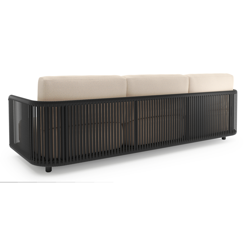 Organo loungebank in zwart aluminium en zwart verticaal geweven luxe vlakke rope met heritage papyrus all weather Sunbrella® luxe kussen