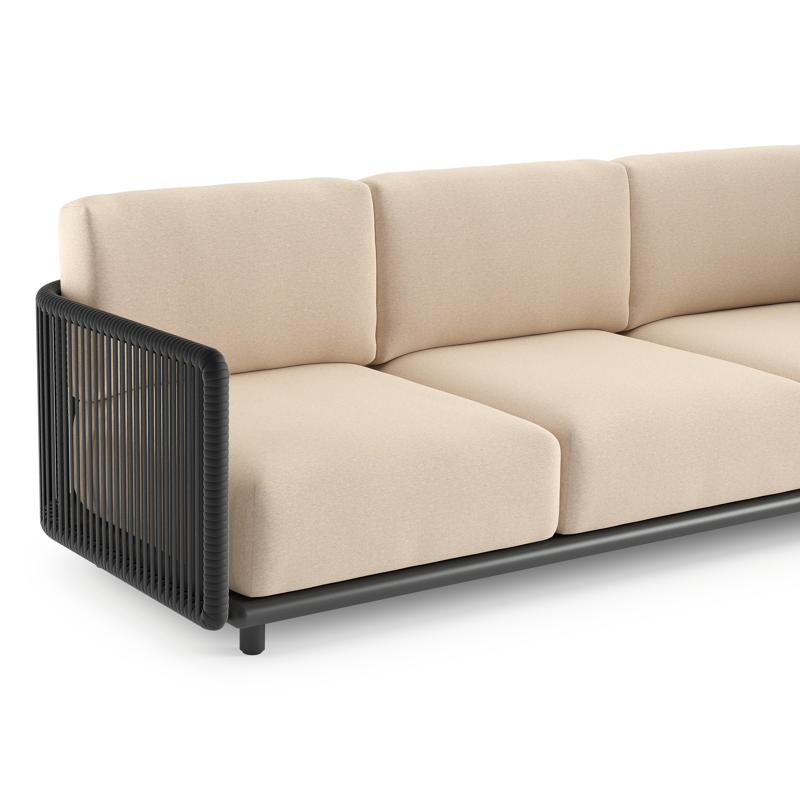 Organo loungebank in zwart aluminium en zwart verticaal geweven luxe vlakke rope met heritage papyrus all weather Sunbrella® luxe kussen