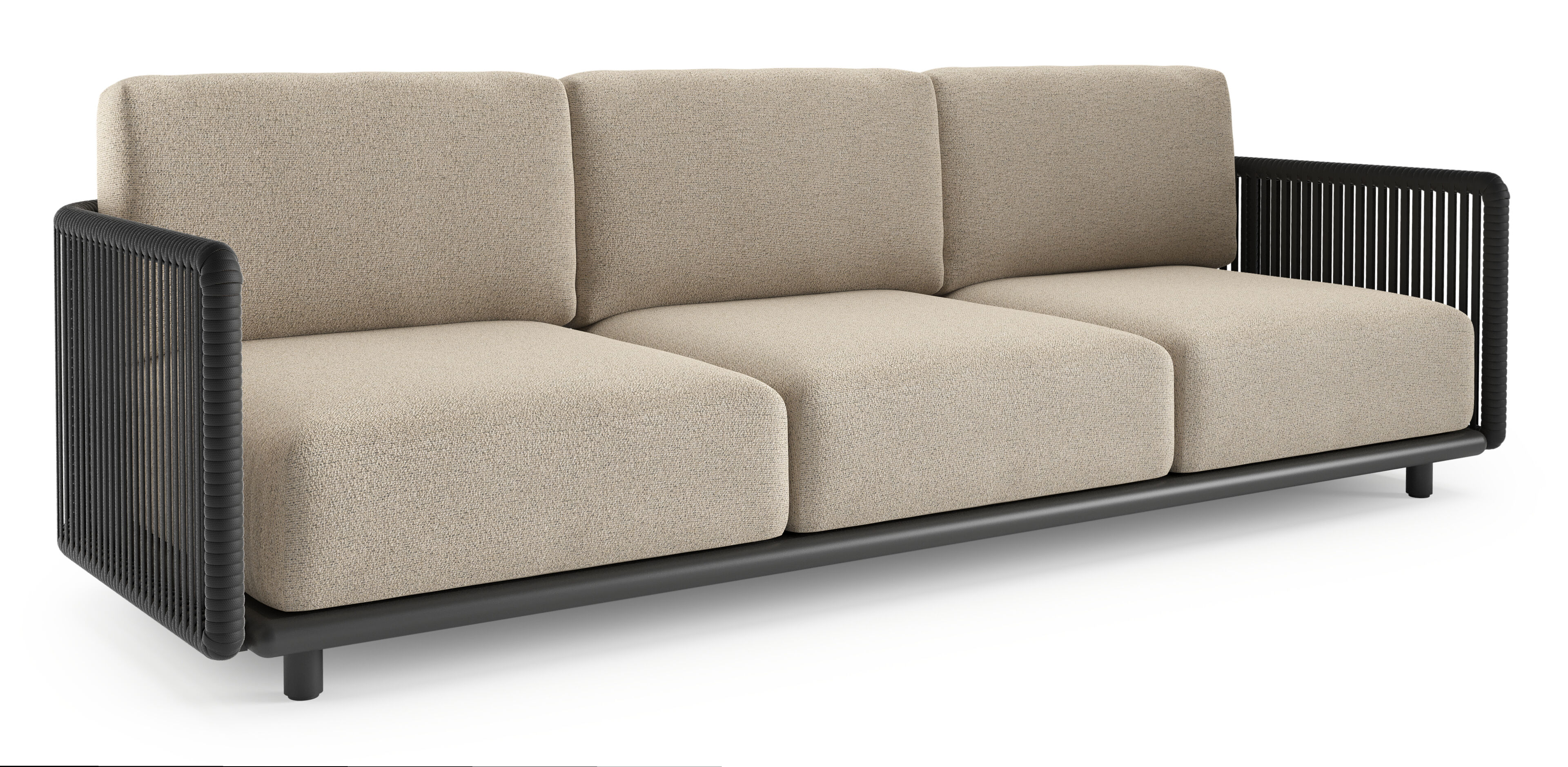 Canapé de jardin Organo 3-pl en aluminium noir et corde luxe plate tissée verticalement noir et coussins en All Weather Cosytica marbella beige