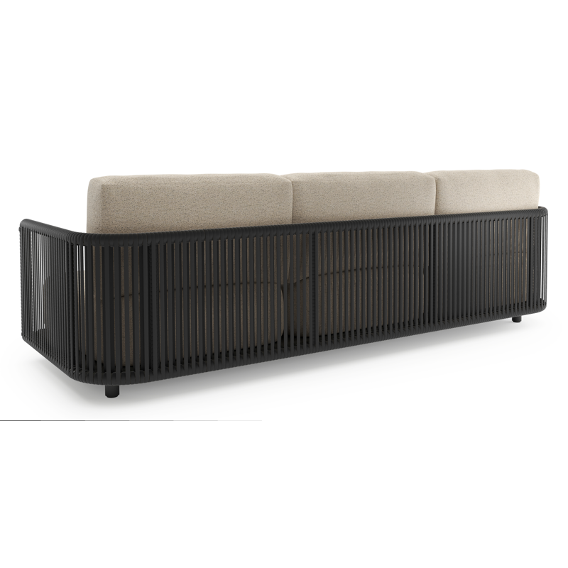 Canapé de jardin Organo 3-pl en aluminium noir et corde luxe plate tissée verticalement noir et coussins en All Weather Cosytica marbella beige