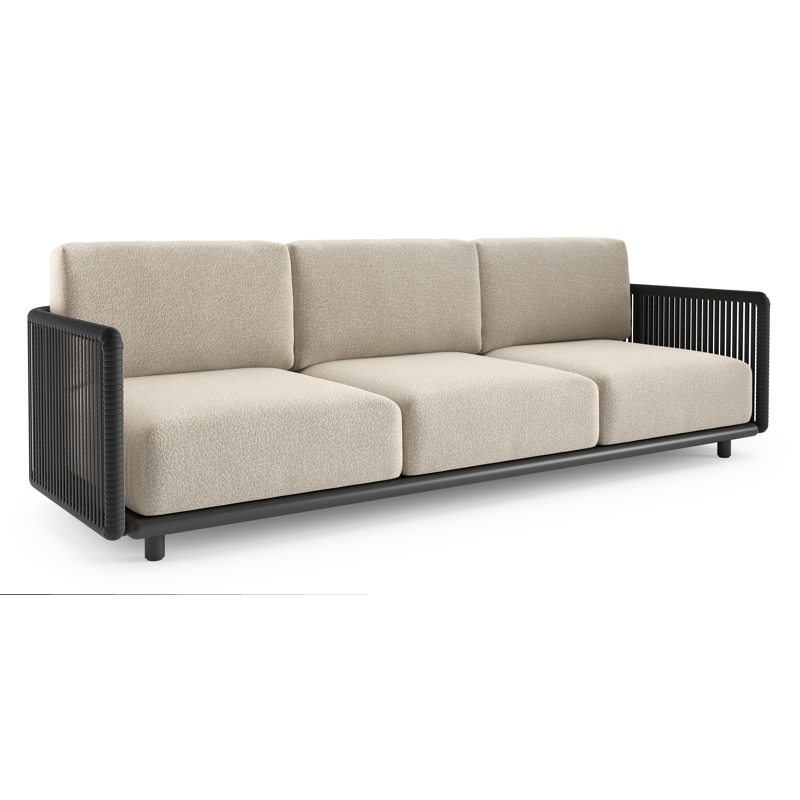 Canapé de jardin Organo en aluminium noir et corde luxe plate tissée verticalement noir et coussin en all weather Cosytica marbella ecru