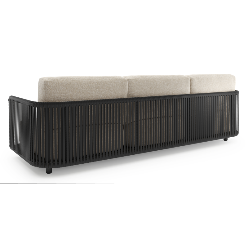 Canapé de jardin Organo en aluminium noir et corde luxe plate tissée verticalement noir et coussin en all weather Cosytica marbella ecru