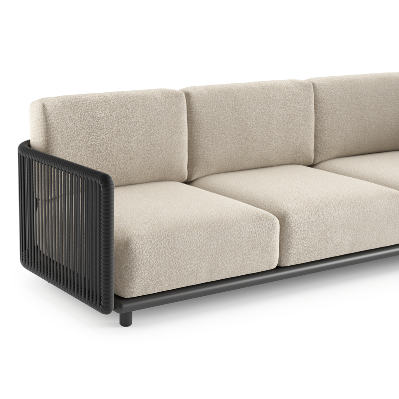 Canapé de jardin Organo en aluminium noir et corde luxe plate tissée verticalement noir et coussin en all weather Cosytica marbella ecru