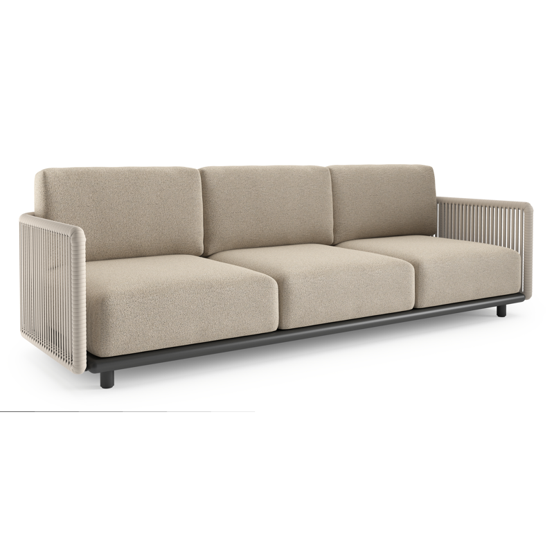 Organo loungebank 3-zit in zwart aluminium en beige verticaal geweven luxe vlakke rope met marbella beige All Weather Cosytica kussen