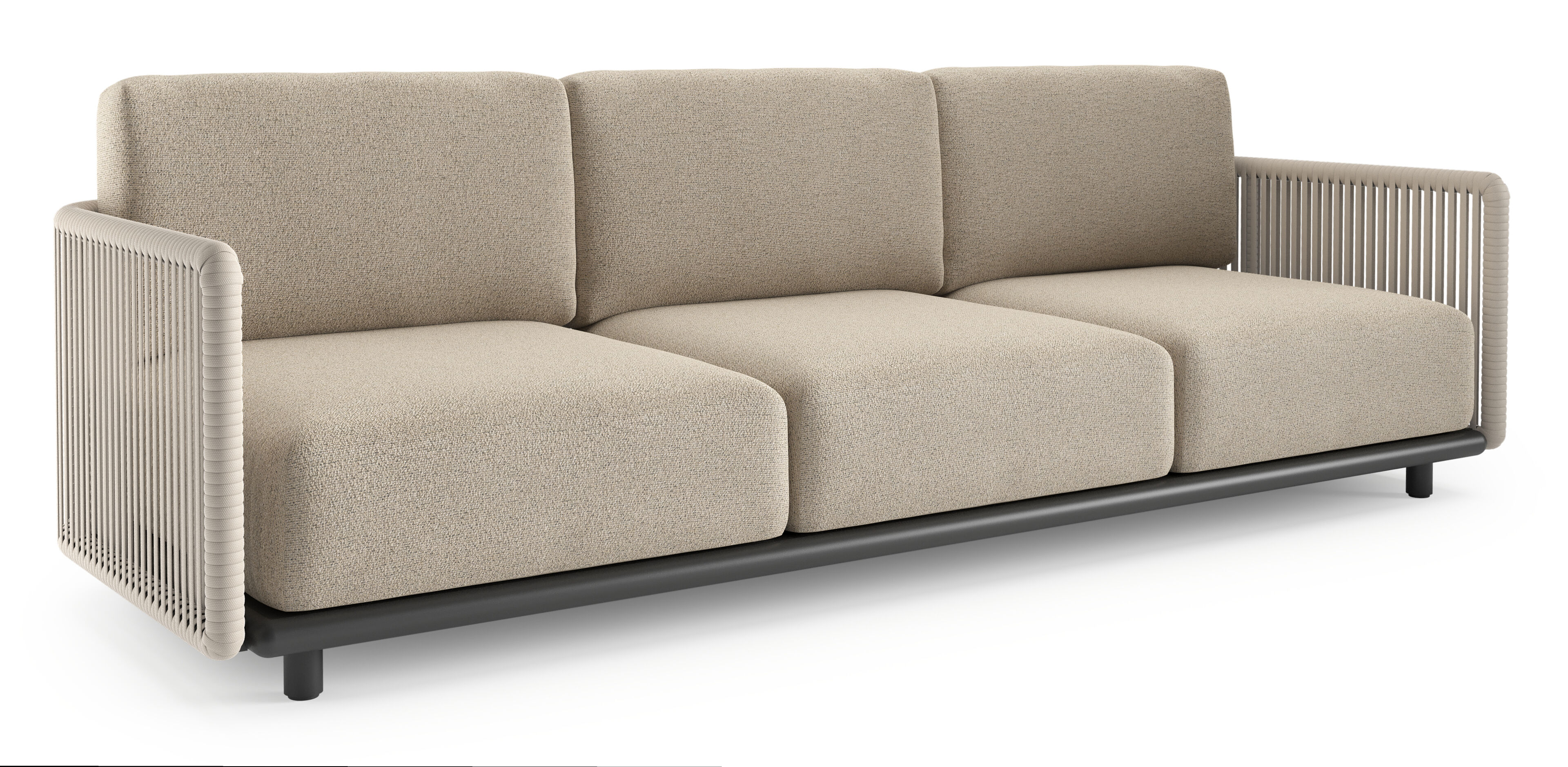 Organo loungebank 3-zit in zwart aluminium en beige verticaal geweven luxe vlakke rope met marbella beige All Weather Cosytica kussen