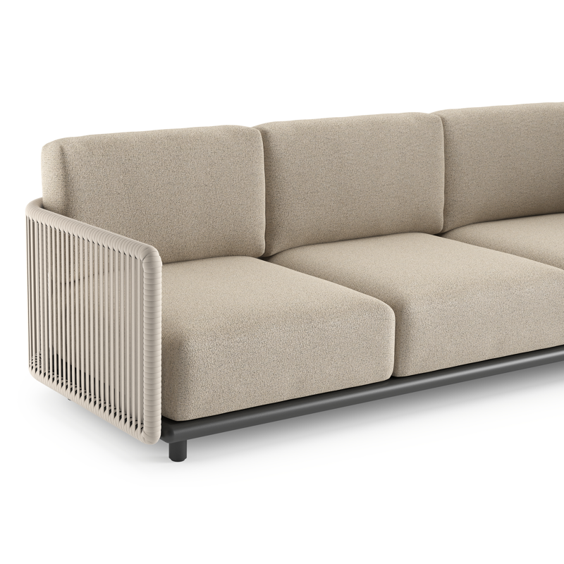 Organo loungebank 3-zit in zwart aluminium en beige verticaal geweven luxe vlakke rope met marbella beige All Weather Cosytica kussen