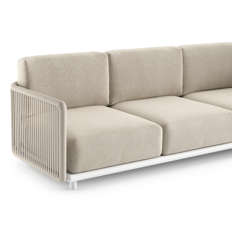 Salon de jardin Organo en aluminium blanc et corde luxe plate tissée verticalement beige et coussin en all weather Cosytica marbella ecru