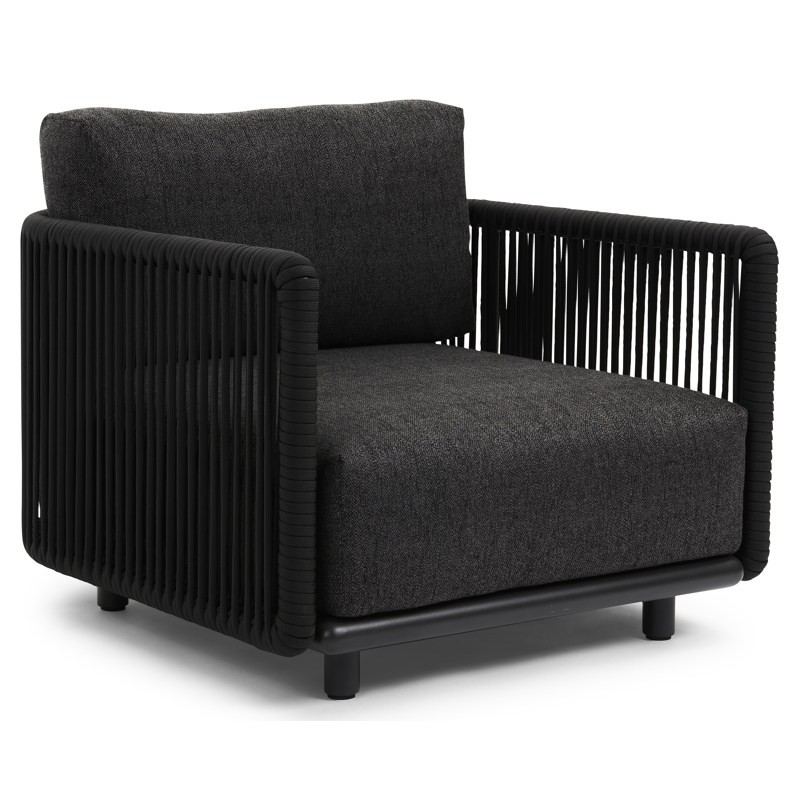 Organo loungestoel 1-zit in zwart aluminium en zwart verticaal geweven luxe vlakke rope met chartres sooty all weather sunbrella® luxe kussen