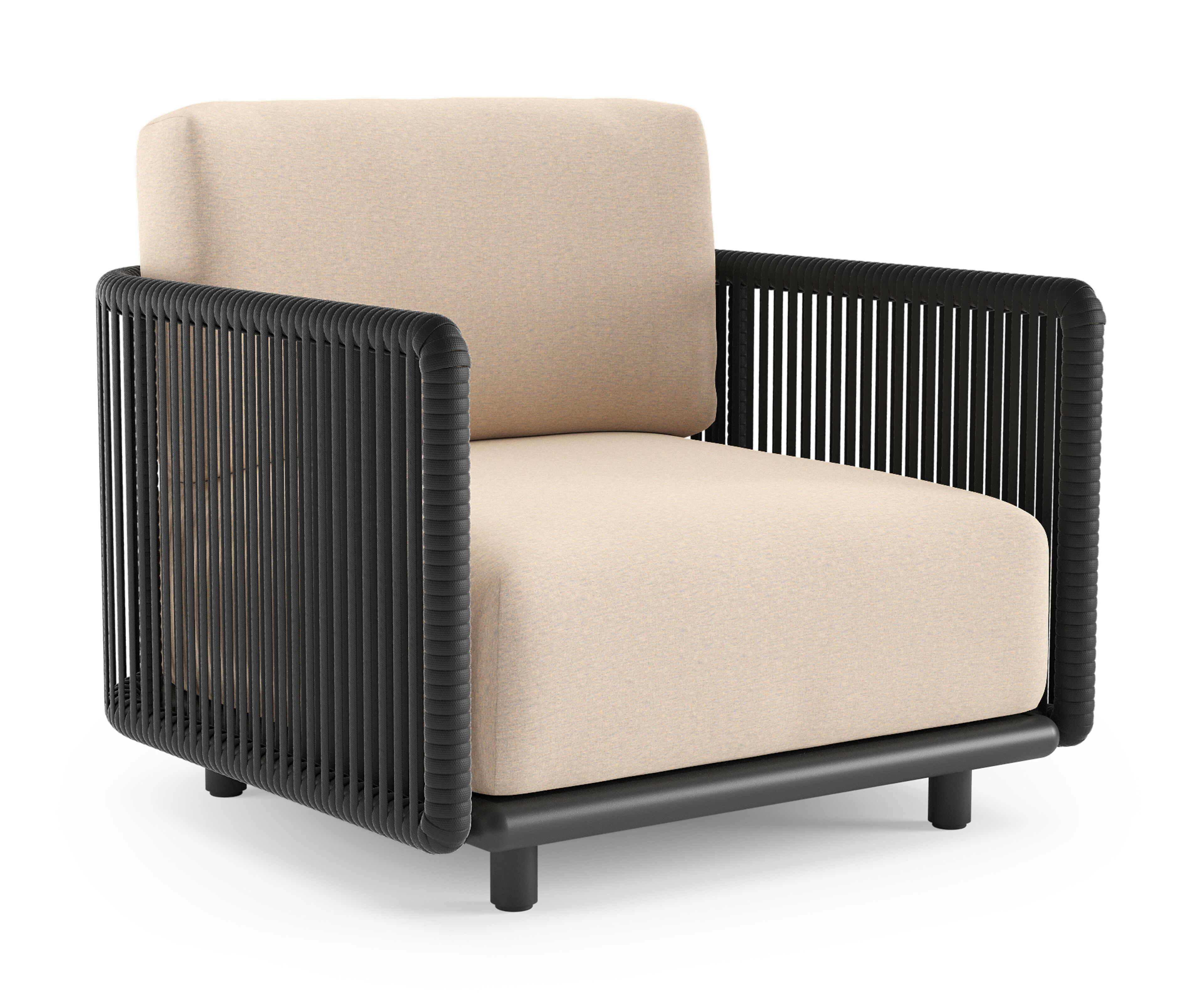 Organo loungestoel in zwart aluminium en zwart verticaal geweven luxe vlakke rope met heritage papyrus all weather Sunbrella® luxe kussen