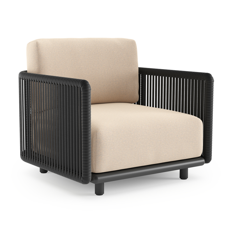 Organo loungestoel in zwart aluminium en zwart verticaal geweven luxe vlakke rope met heritage papyrus all weather Sunbrella® luxe kussen
