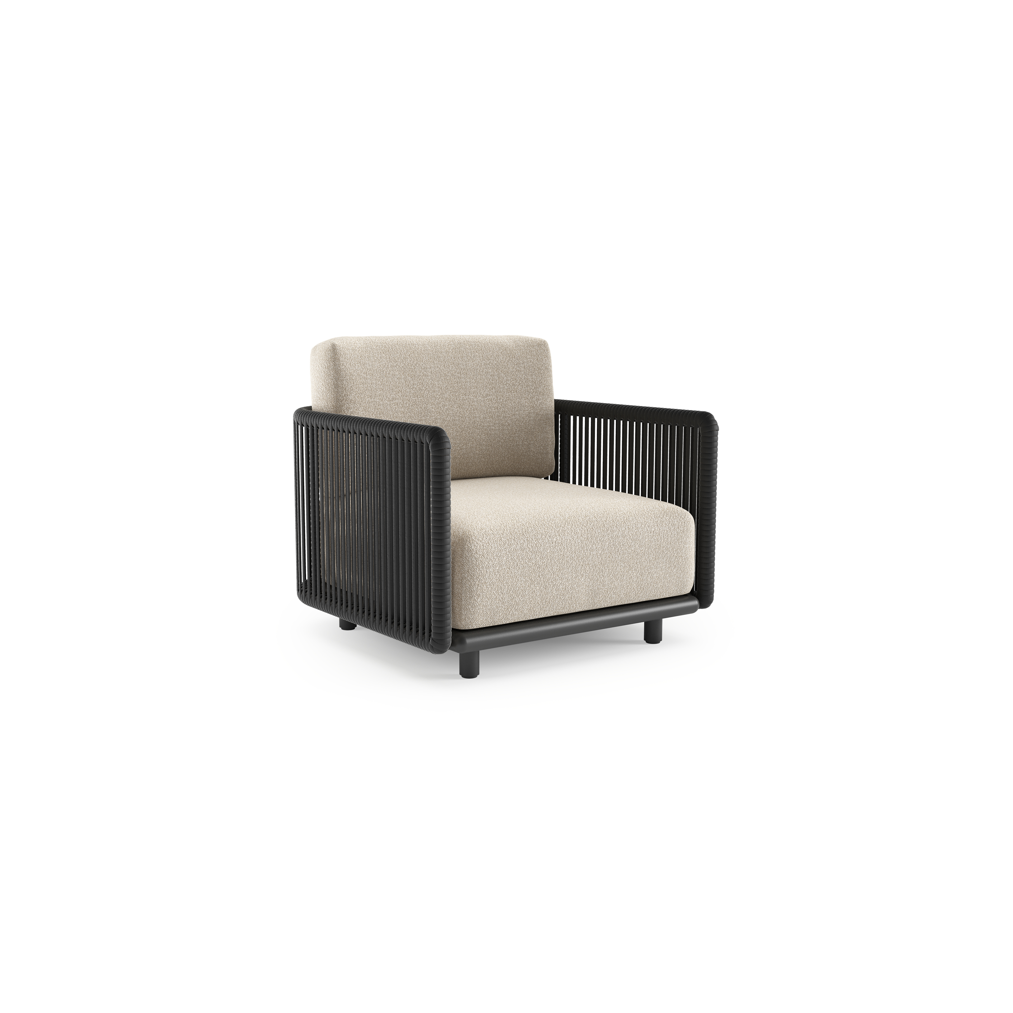 Fauteuil de jardin Organo en aluminium noir et corde luxe plate tissée verticalement noir et coussin en all weather Cosytica marbella ecru