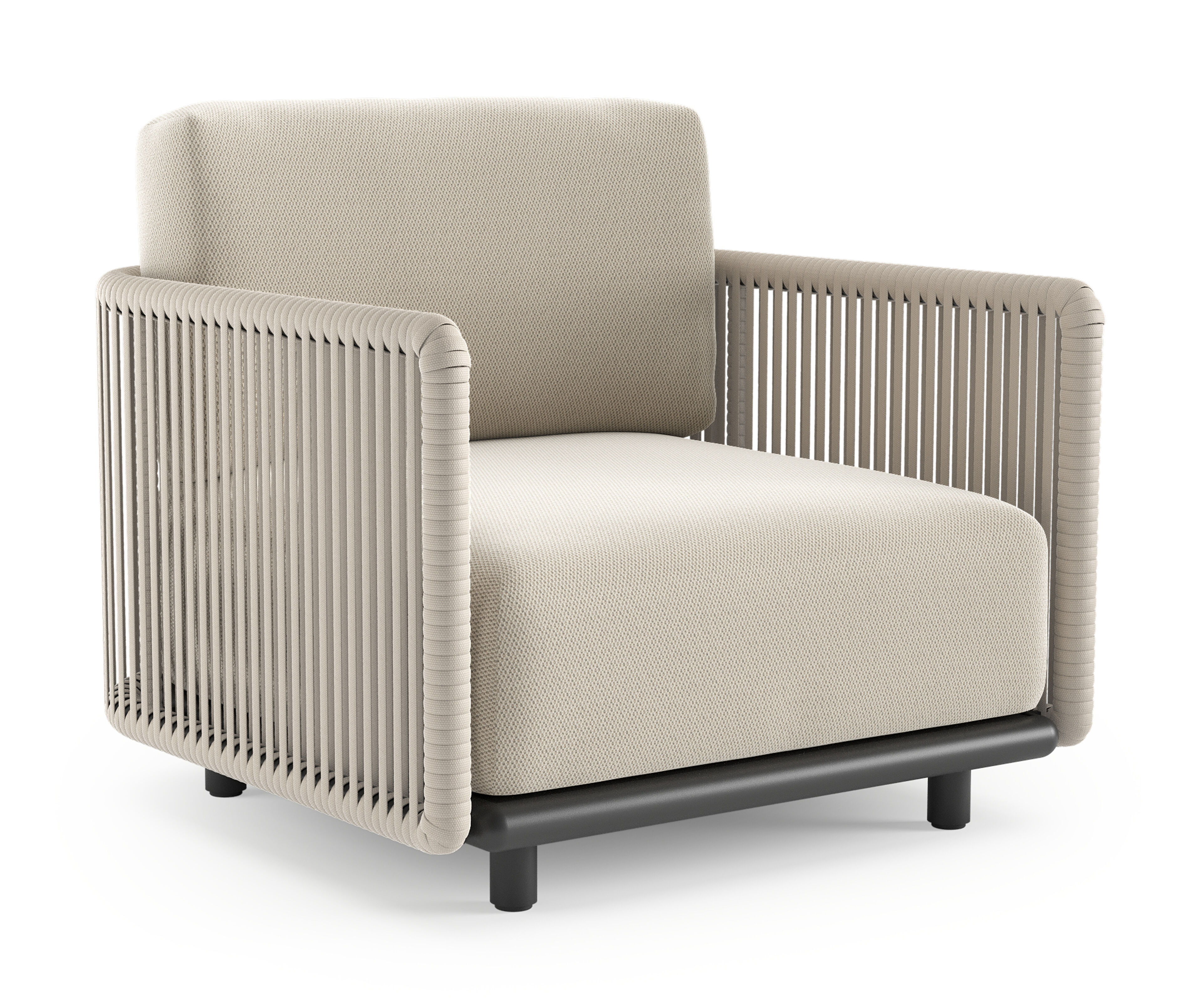 Organo loungestoel in zwart aluminium en beige verticaal geweven luxe vlakke rope met lopi marble all weather Sunbrella® luxe kussen