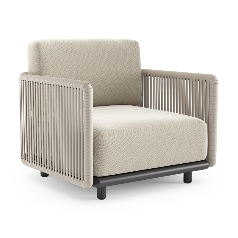 Fauteuil de jardin Organo en aluminium noir et corde luxe plate tissée verticalement beige et coussin en all weather Sunbrella® luxe lopi marble