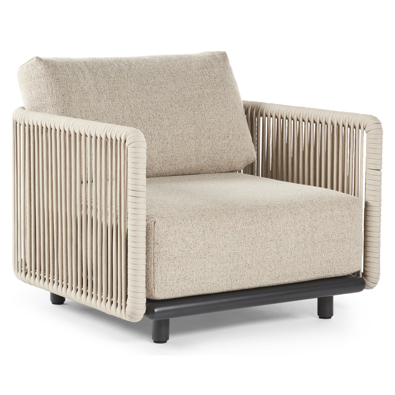 Organo loungestoel 1-zit in zwart aluminium en beige verticaal geweven luxe vlakke rope met marbella beige All Weather Cosytica kussen