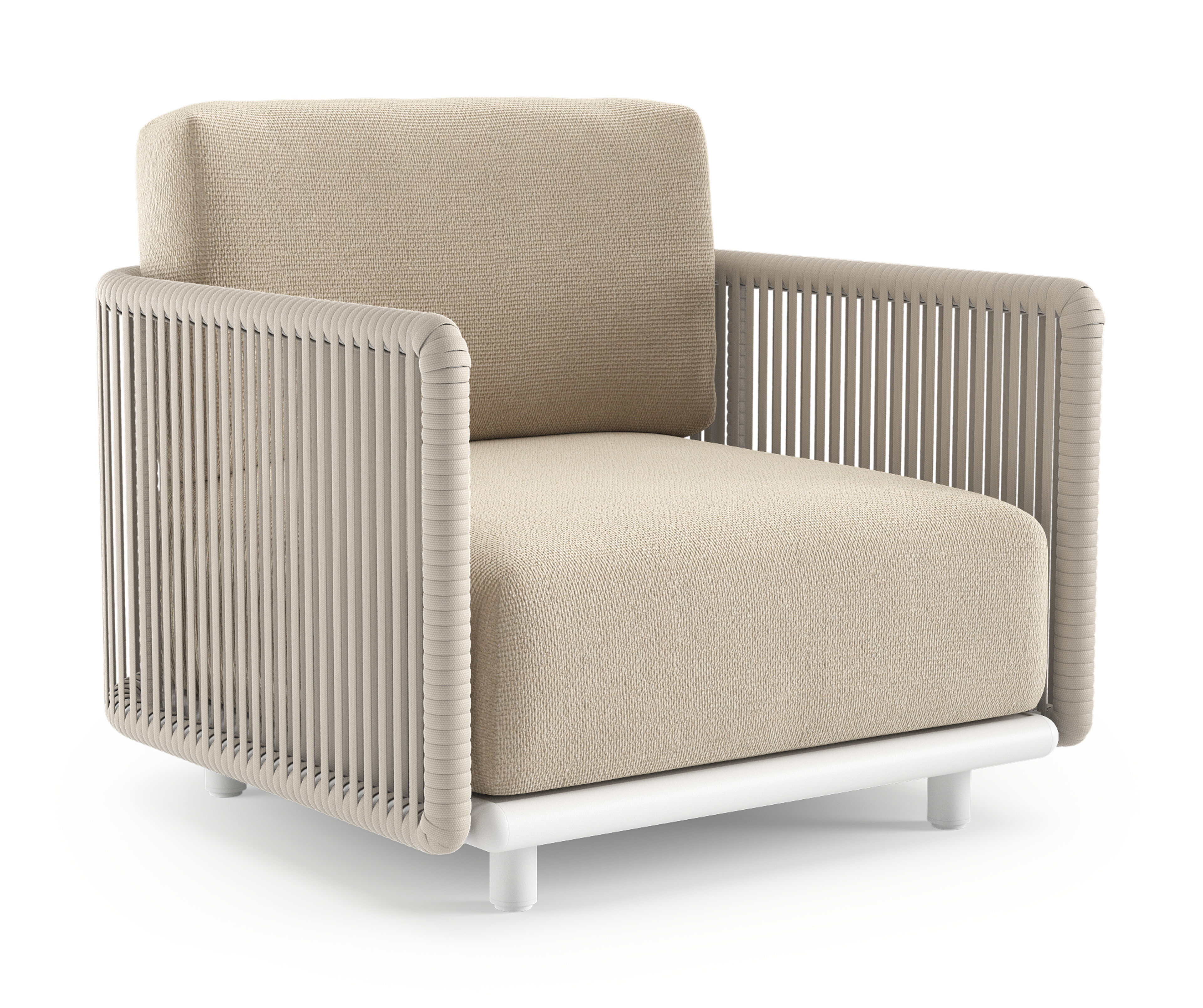 Organo loungestoel in wit aluminium en beige verticaal geweven luxe vlakke rope met althea chalk all weather Cosytica kussen