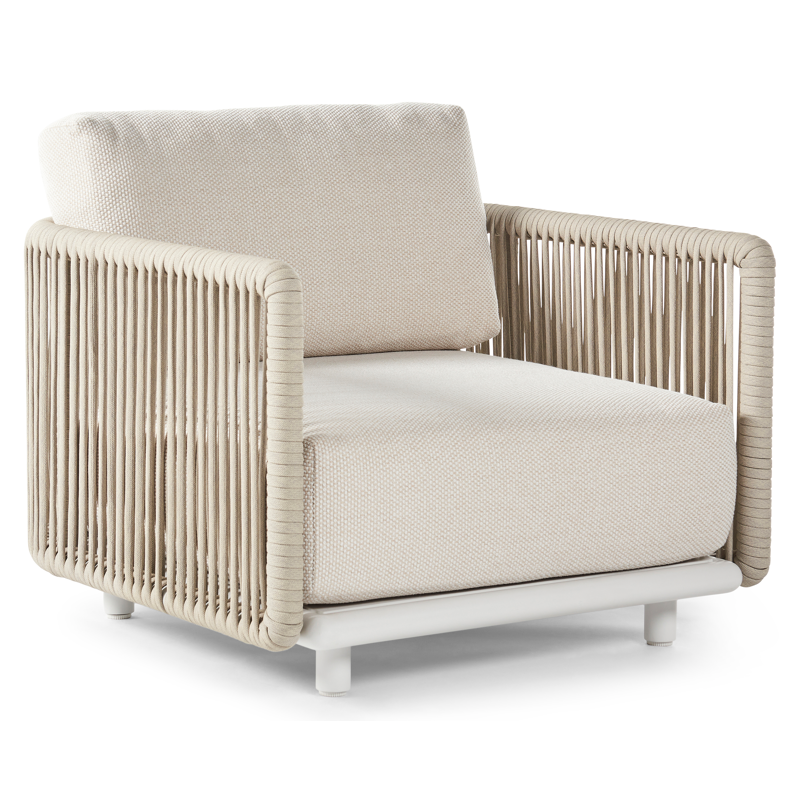 Organo loungestoel 1-zit in wit aluminium en beige verticaal geweven luxe vlakke rope met althea off white All Weather Cosytica kussen