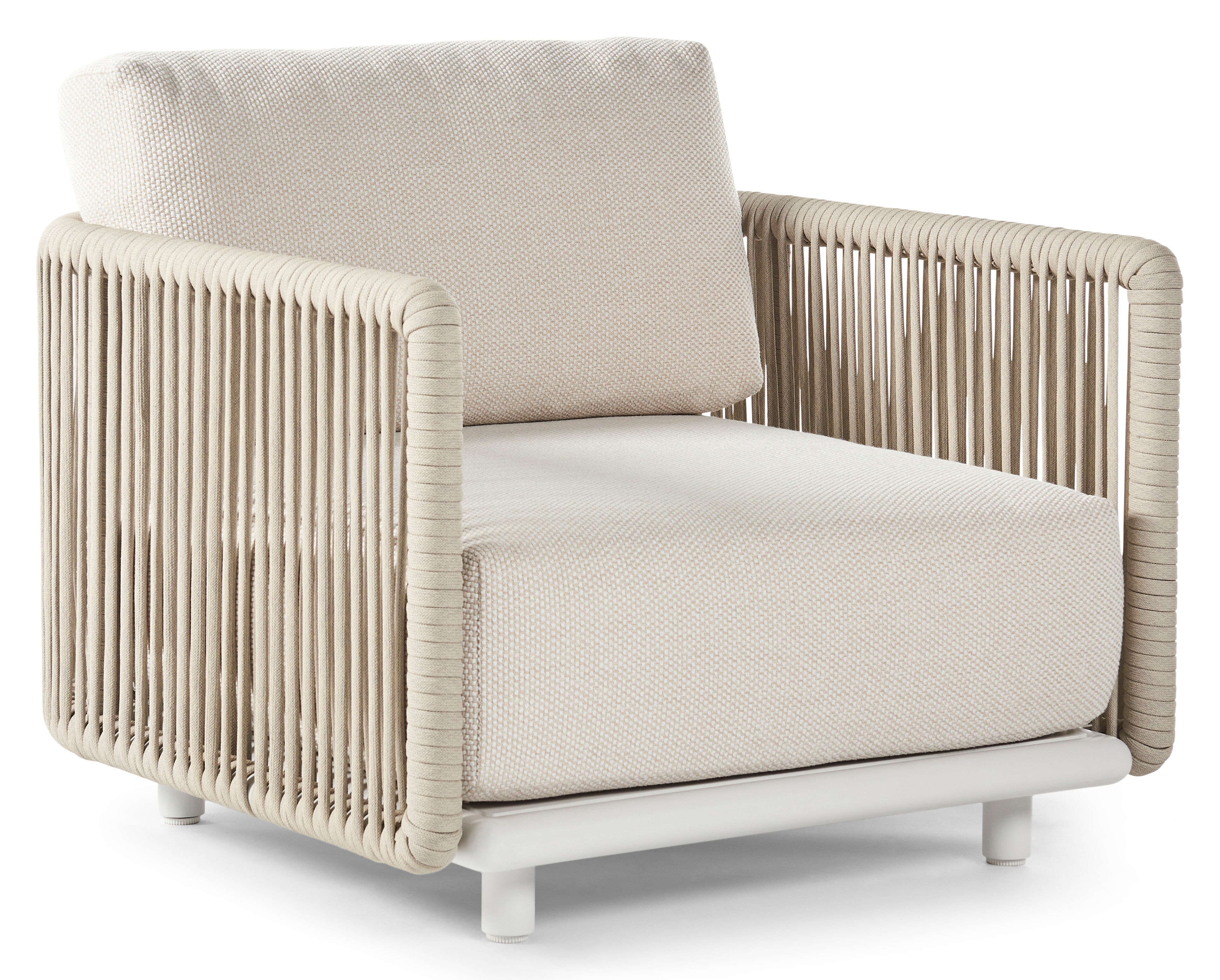 Organo loungestoel 1-zit in wit aluminium en beige verticaal geweven luxe vlakke rope met althea off white All Weather Cosytica kussen
