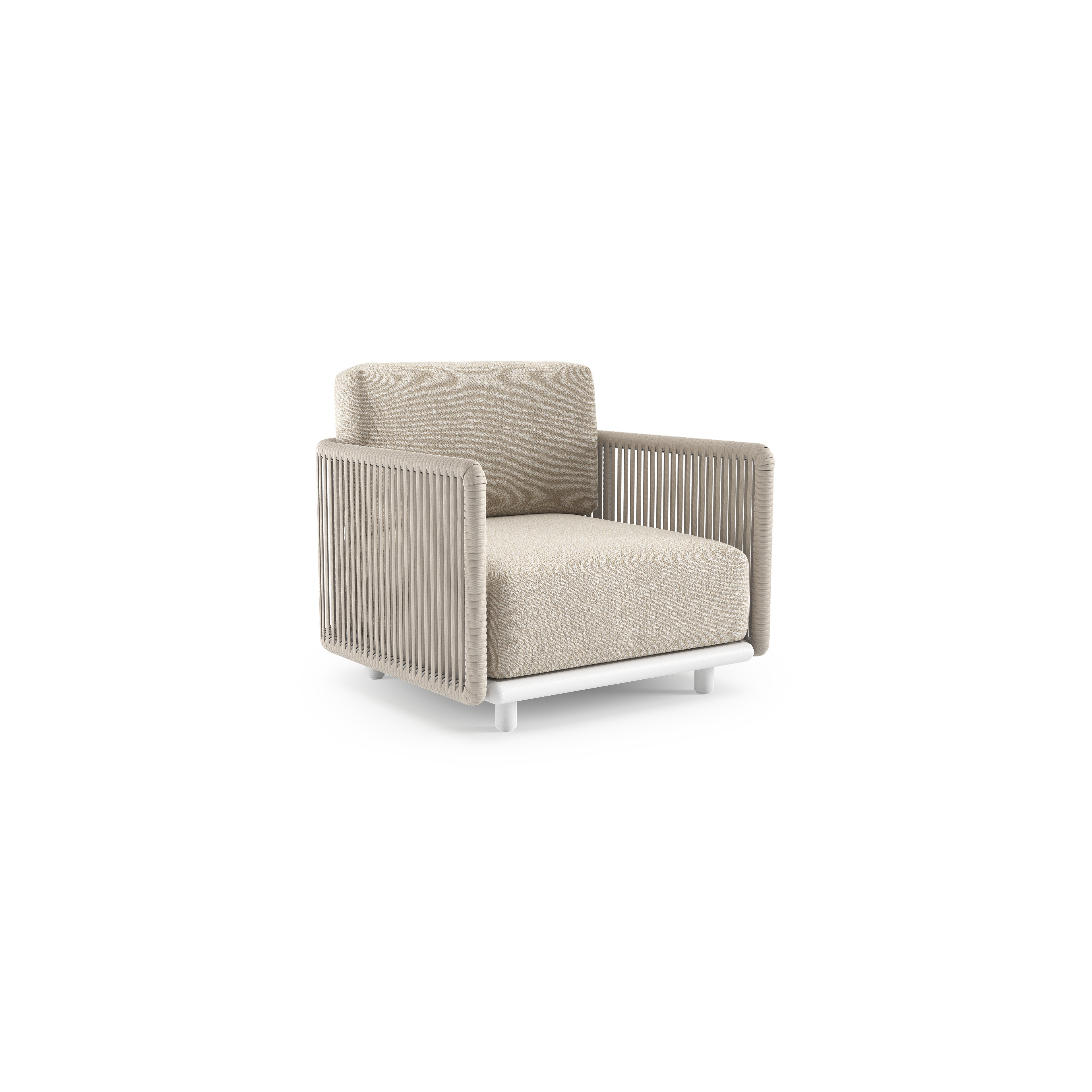 Fauteuil de jardin Organo en aluminium blanc et corde luxe plate tissée verticalement beige et coussin en all weather Cosytica marbella ecru