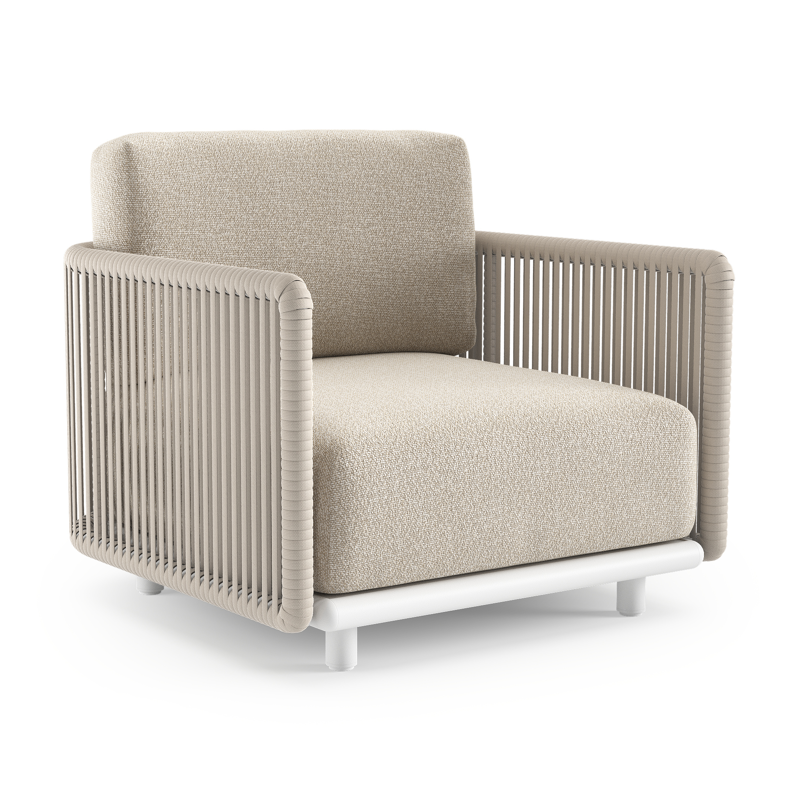 Fauteuil de jardin Organo en aluminium blanc et corde luxe plate tissée verticalement beige et coussin en all weather Cosytica marbella ecru