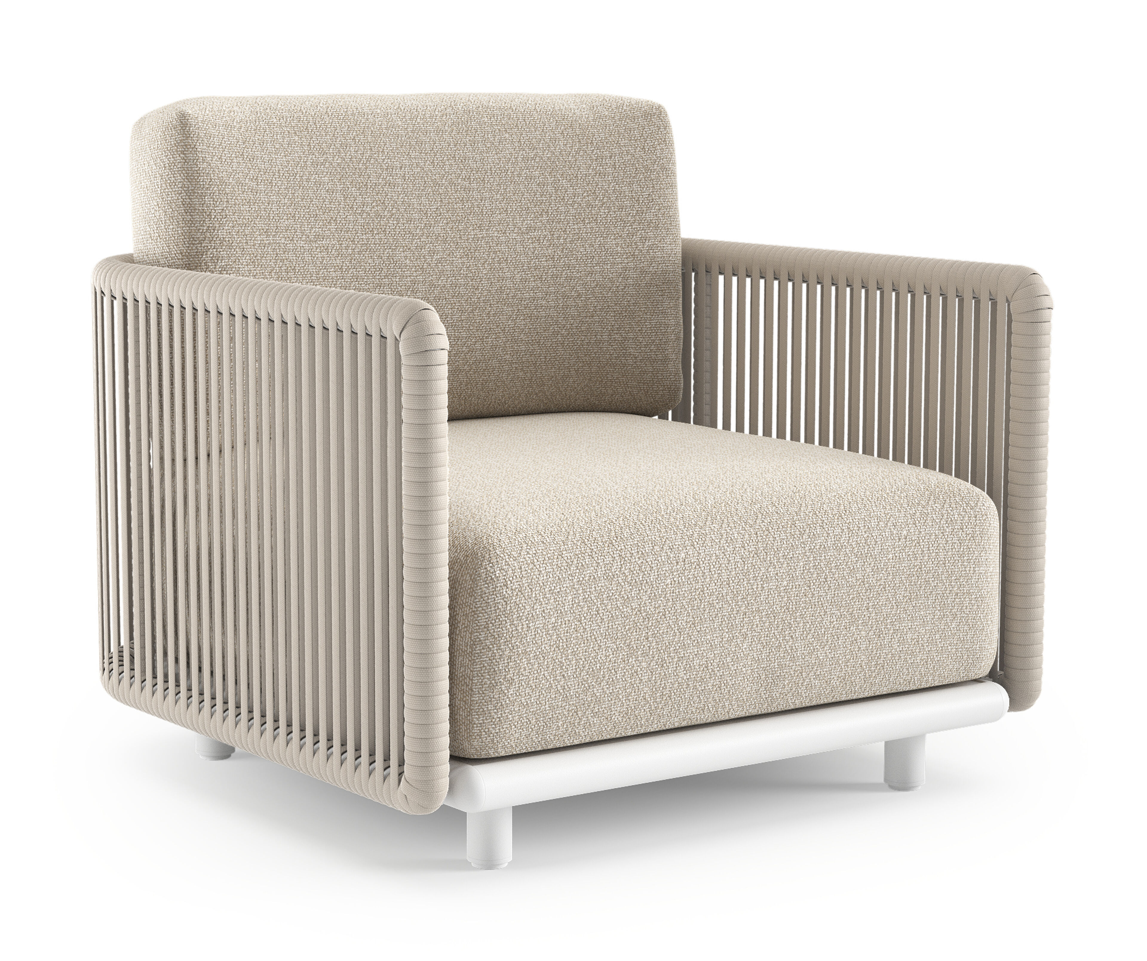 Fauteuil de jardin Organo en aluminium blanc et corde luxe plate tissée verticalement beige et coussin en all weather Cosytica marbella ecru