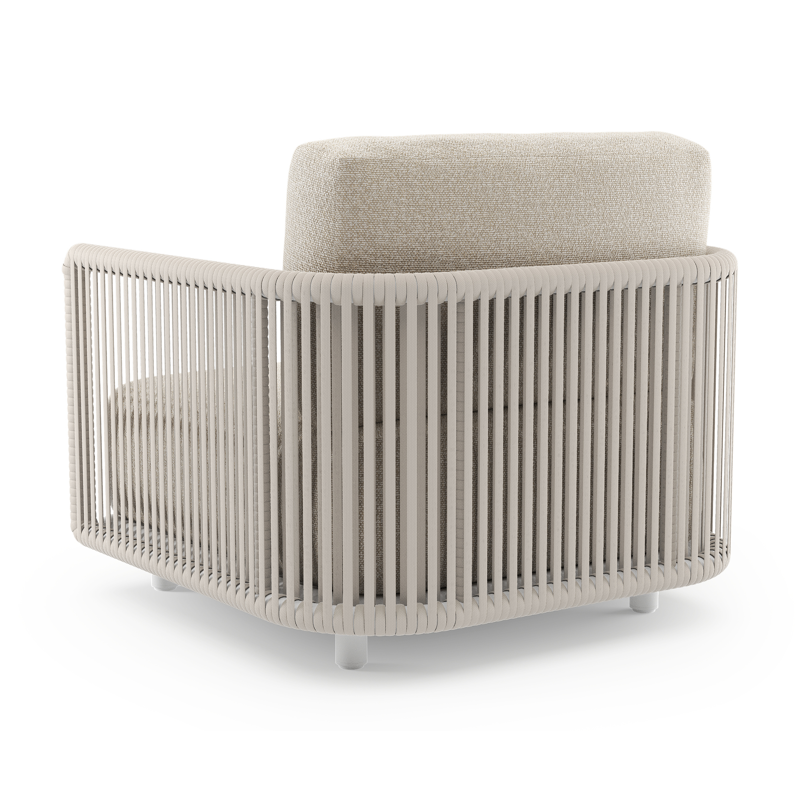 Fauteuil de jardin Organo en aluminium blanc et corde luxe plate tissée verticalement beige et coussin en all weather Cosytica marbella ecru