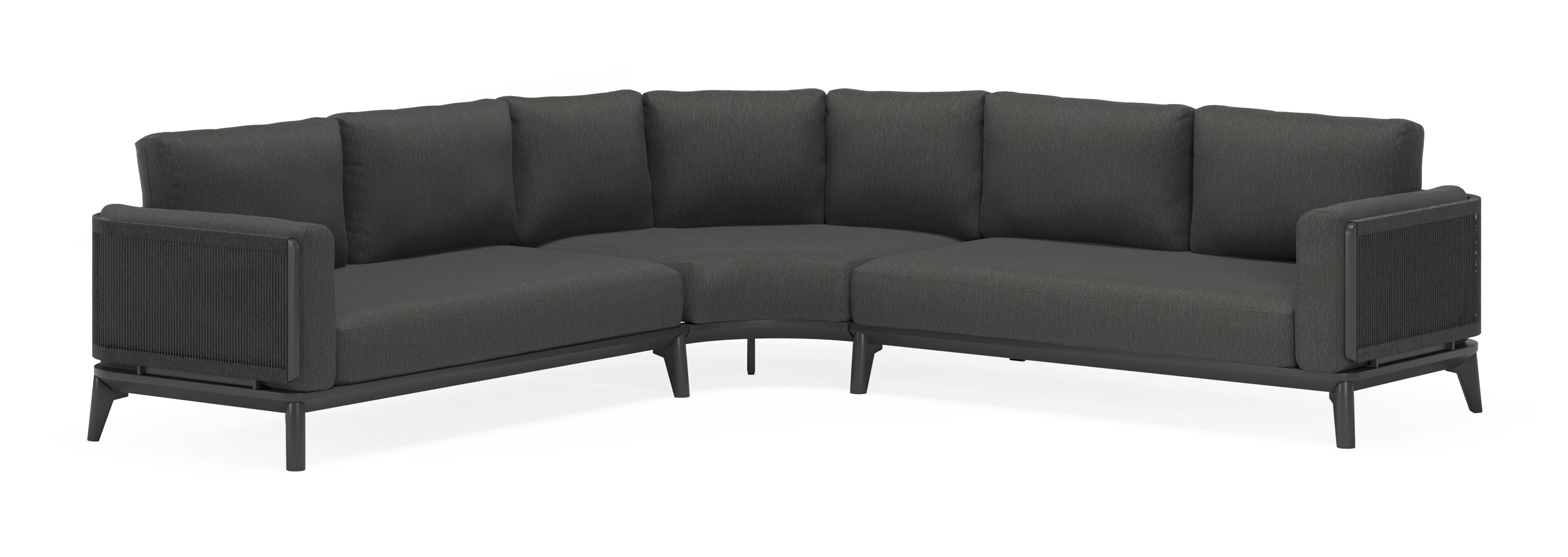 Mosa loungehoek in zwart aluminium en zwart gedraaide ronde wicker met sky black weather+ softtouch kussens