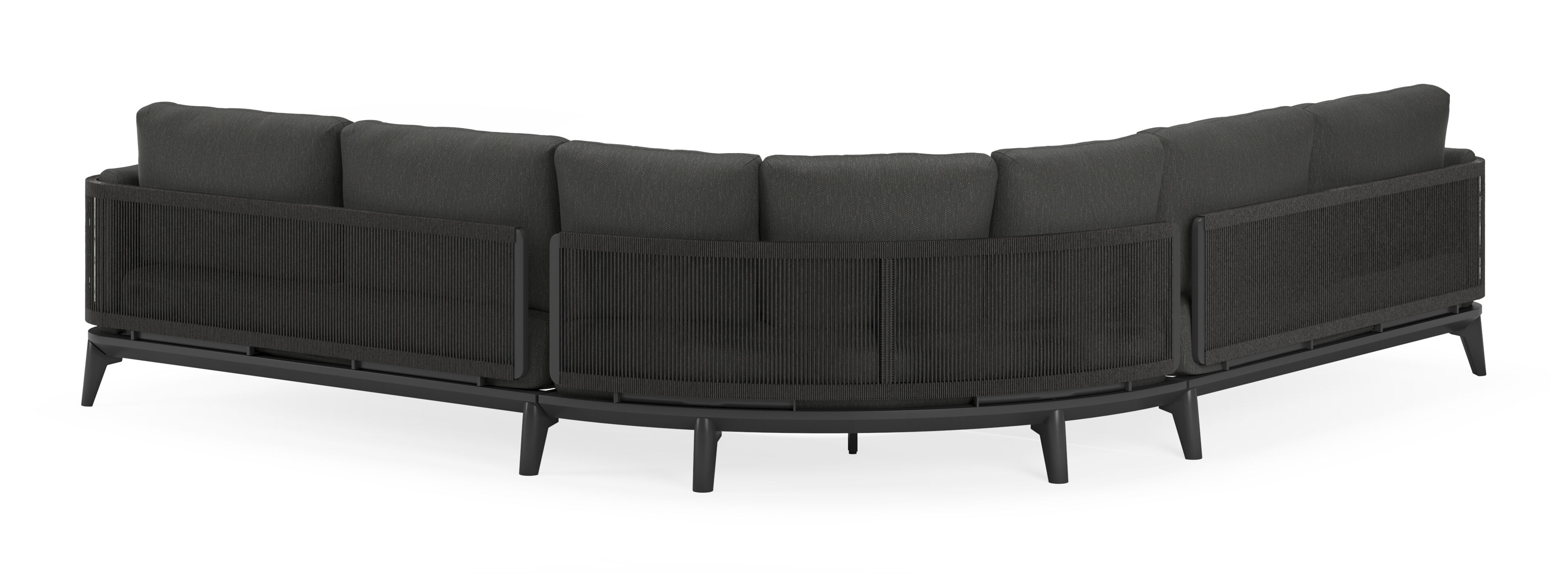 Mosa loungehoek in zwart aluminium en zwart gedraaide ronde wicker met sky black weather+ softtouch kussens
