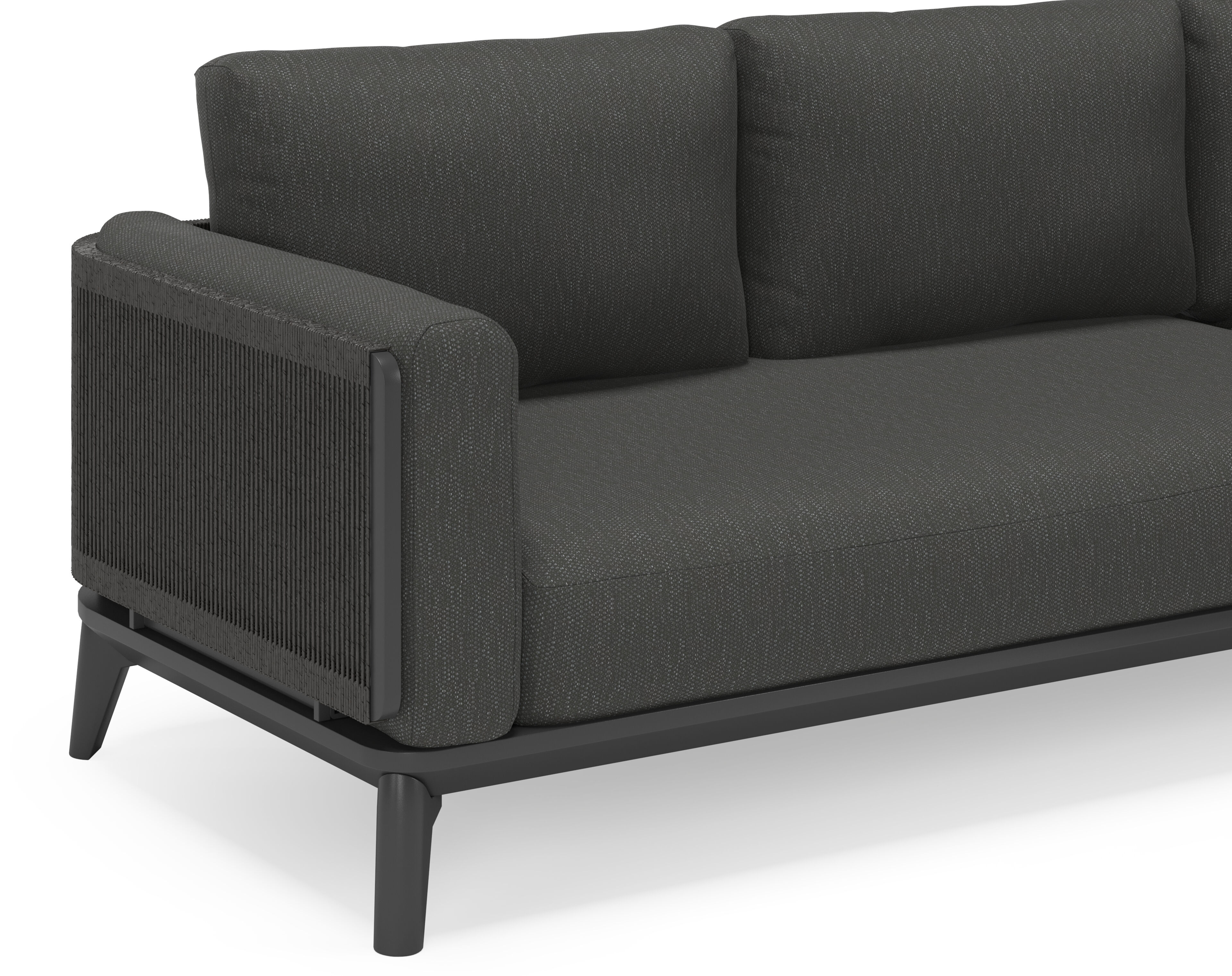 Mosa loungehoek in zwart aluminium en zwart gedraaide ronde wicker met sky black weather+ softtouch kussens