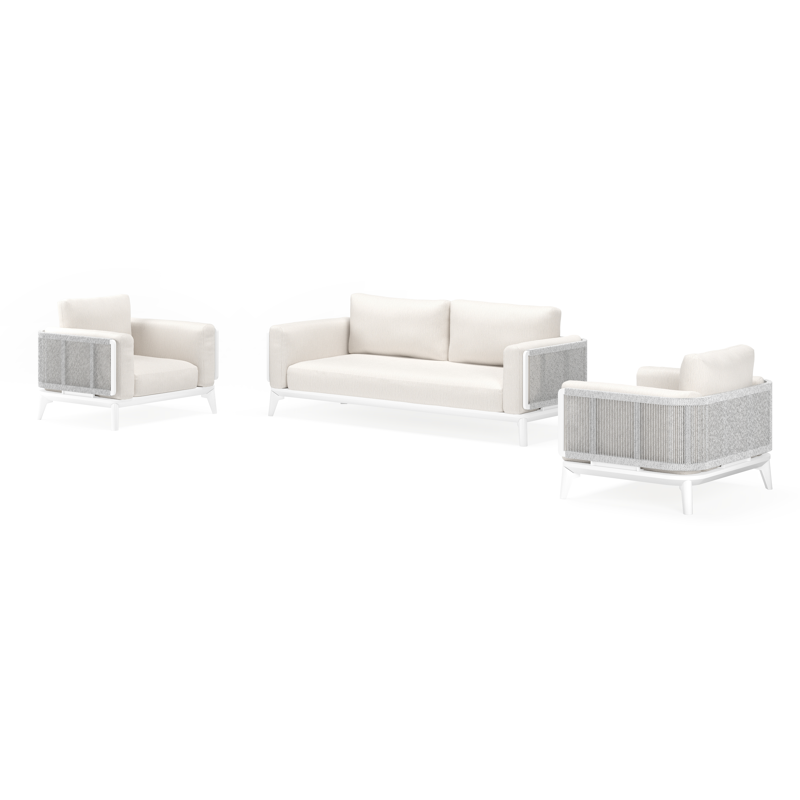 Mosa loungeset in wit aluminium en wit-grijs gedraaide ronde wicker met sand All Weather Olefin kussens