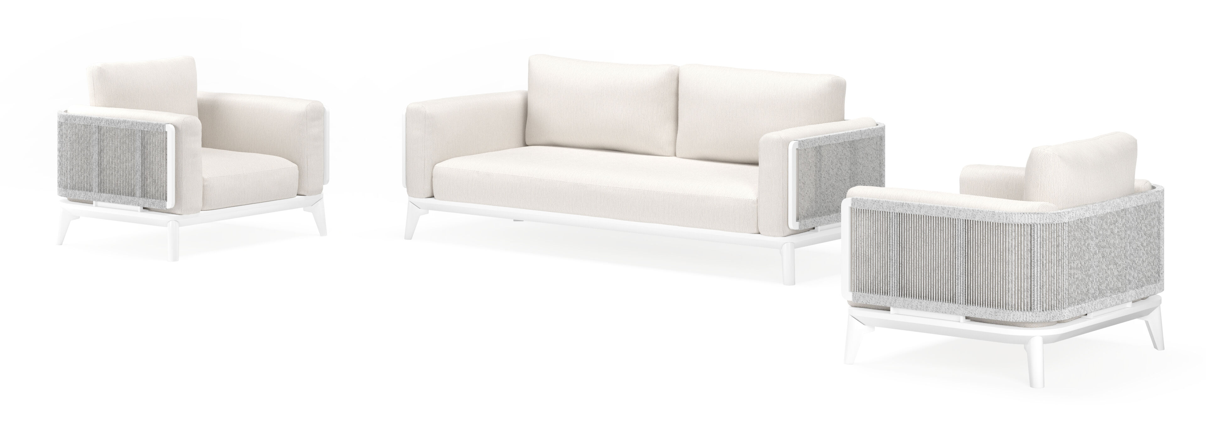 Mosa loungeset in wit aluminium en wit-grijs gedraaide ronde wicker met sand weather+ softtouch kussens