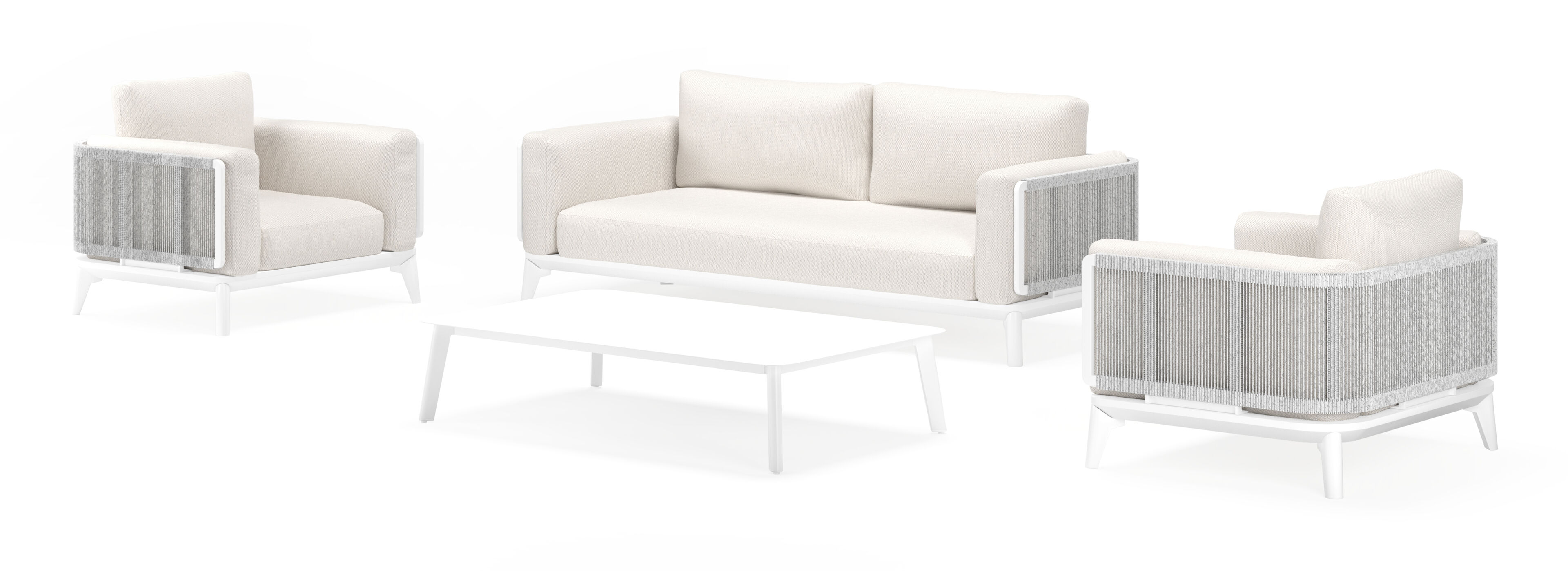 Mosa loungeset in wit aluminium en wit-grijs gedraaide ronde wicker met sand weather+ softtouch kussens en loungetafel