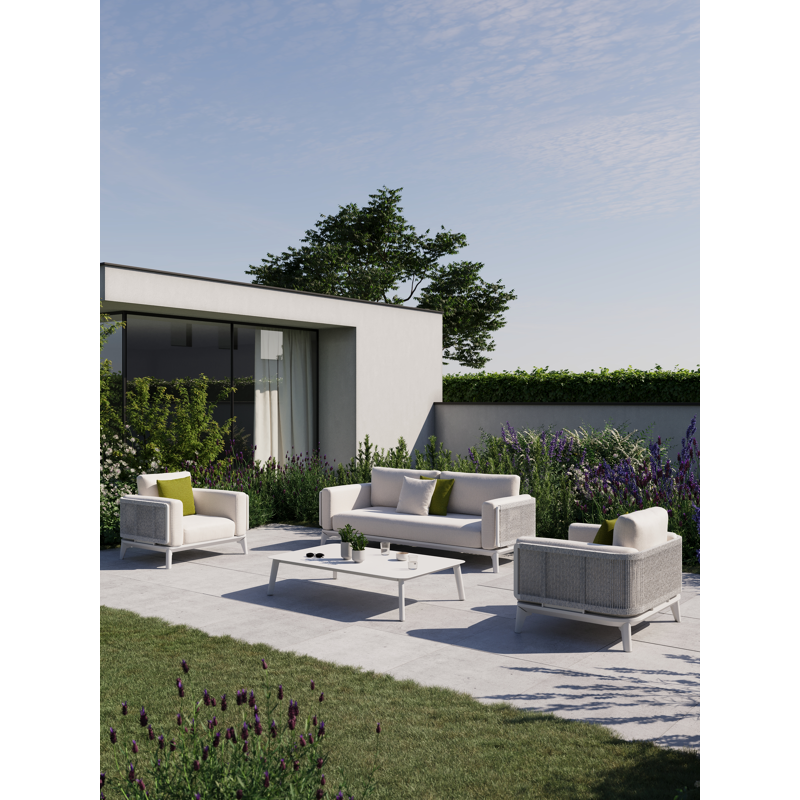 Mosa loungeset in wit aluminium en wit-grijs gedraaide ronde wicker met sand All Weather Olefin kussens