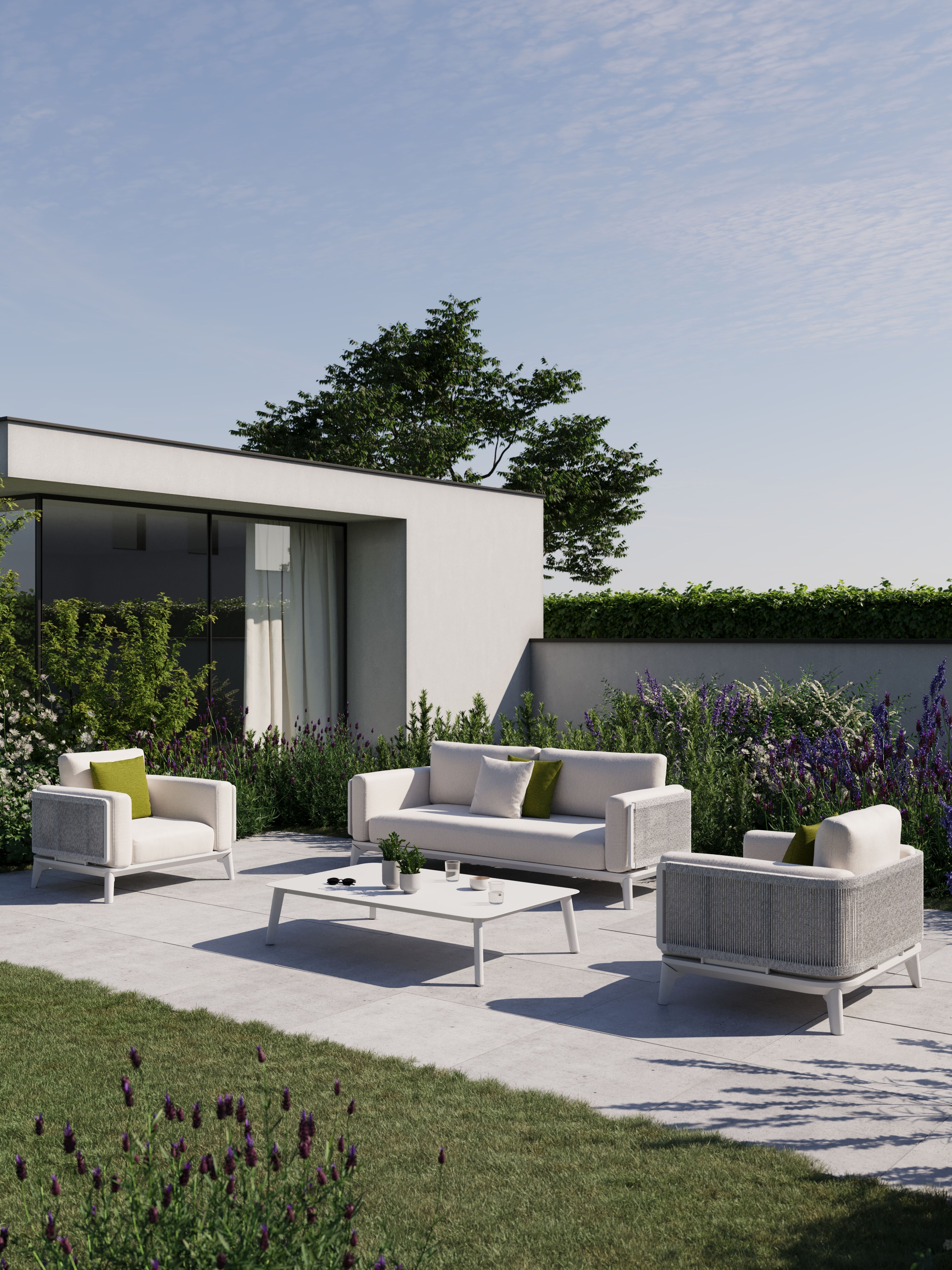 Mosa loungeset in wit aluminium en wit-grijs gedraaide ronde wicker met sand All Weather Olefin kussens