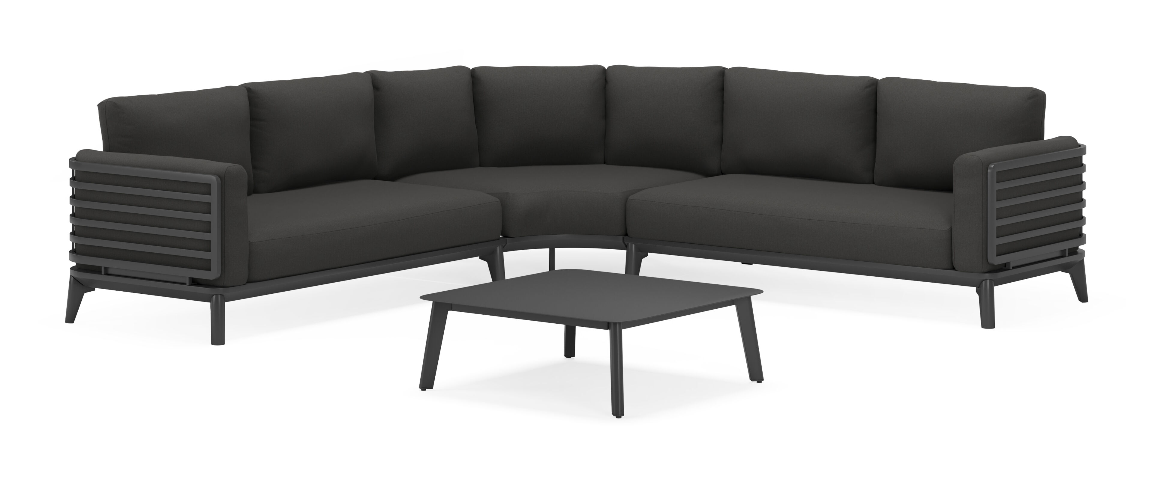 Mosa loungehoek in zwart aluminium met natte sooty all weather sunbrella® premium kussens en loungetafel