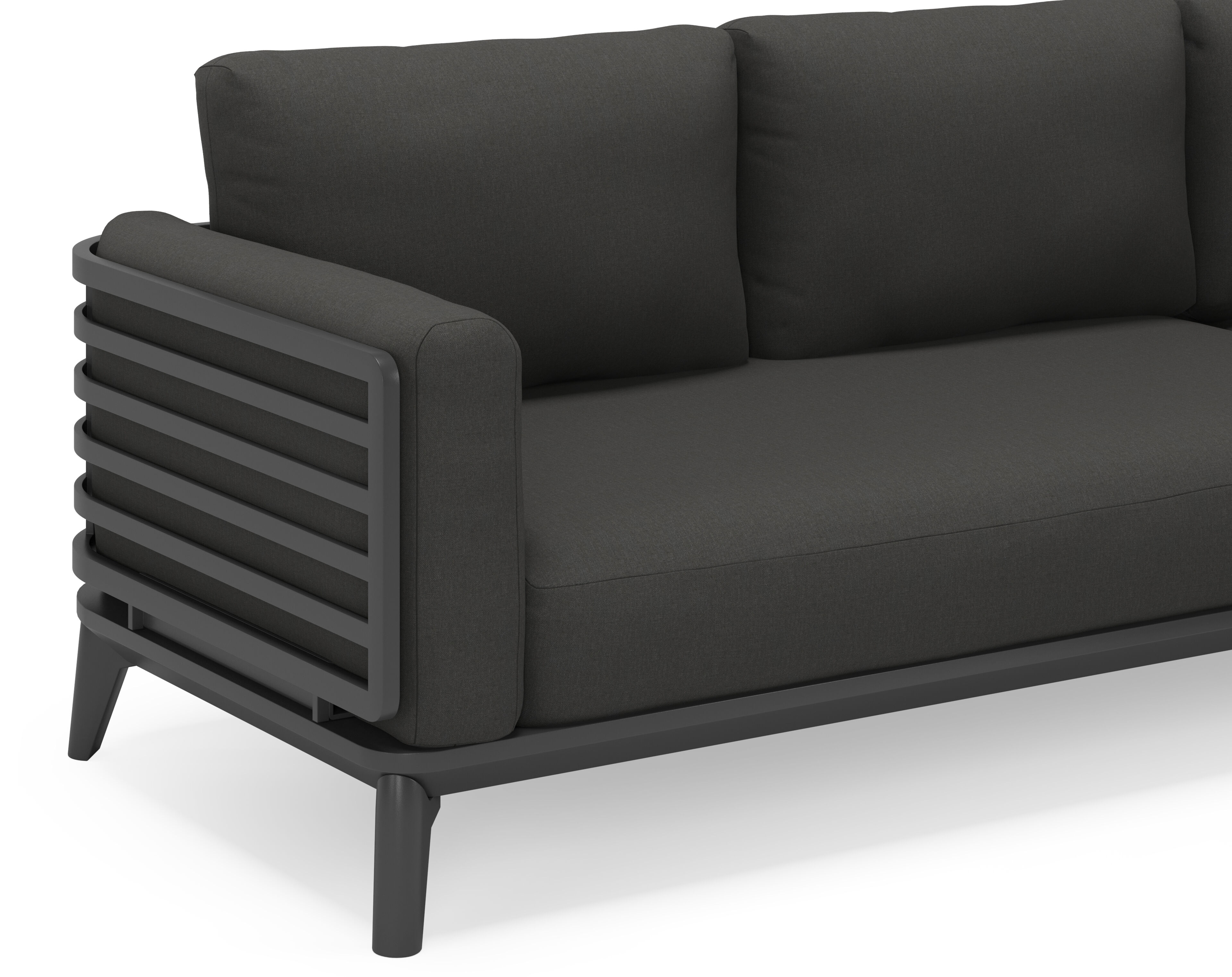 Mosa loungehoek in zwart aluminium met natte sooty all weather sunbrella® premium kussens