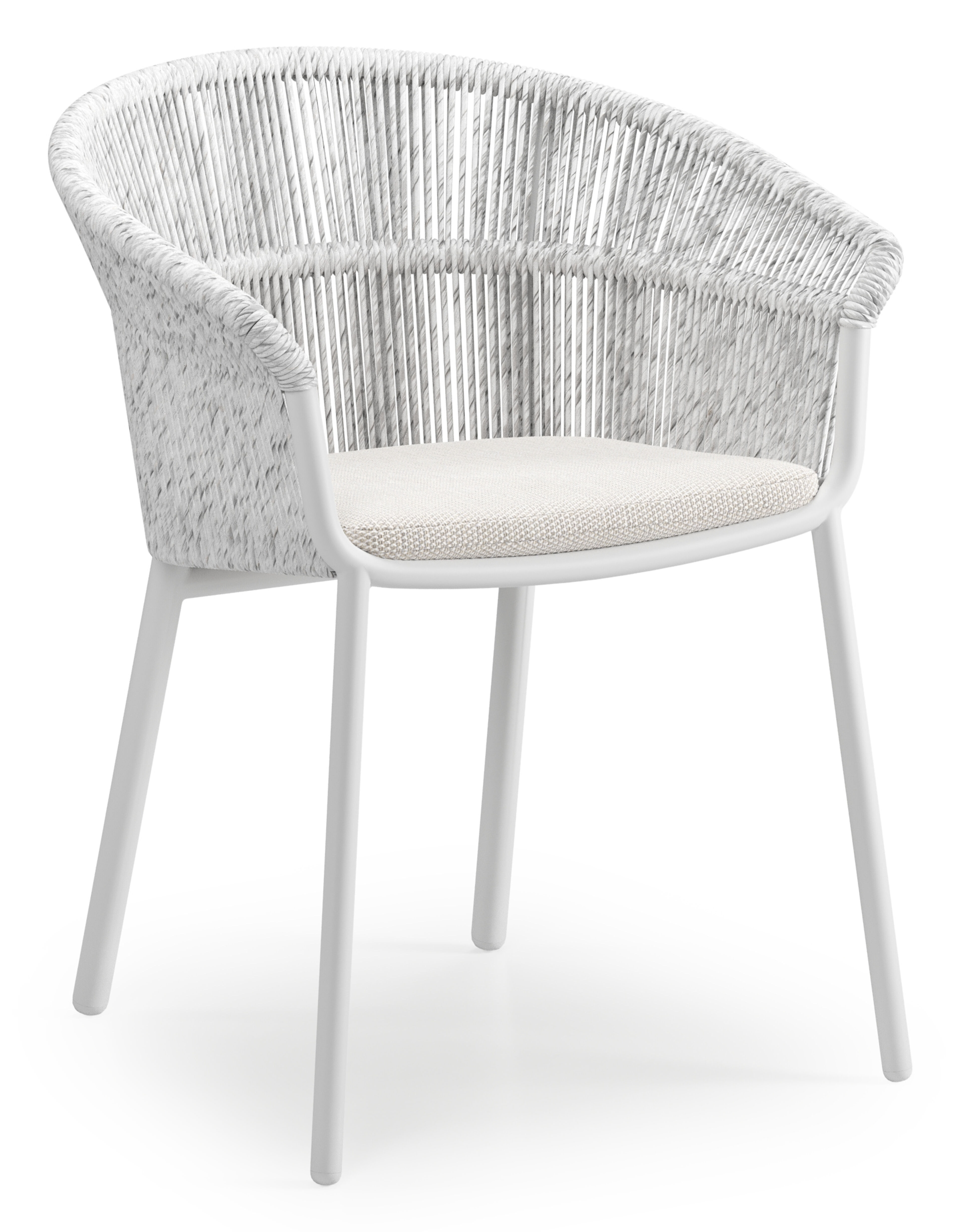 Matera stapelbare tuinstoel in wit aluminium en wit gedraaide ronde wicker met kussen in sand All Weather Olefin