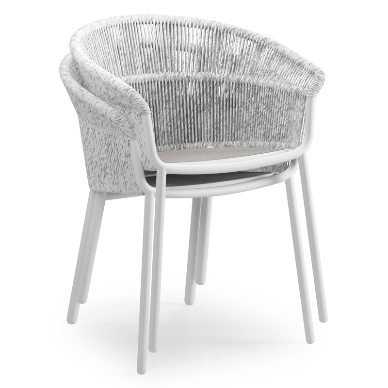 Matera stapelbare tuinstoel in wit aluminium en wit gedraaide ronde wicker met kussen in sand All Weather Olefin
