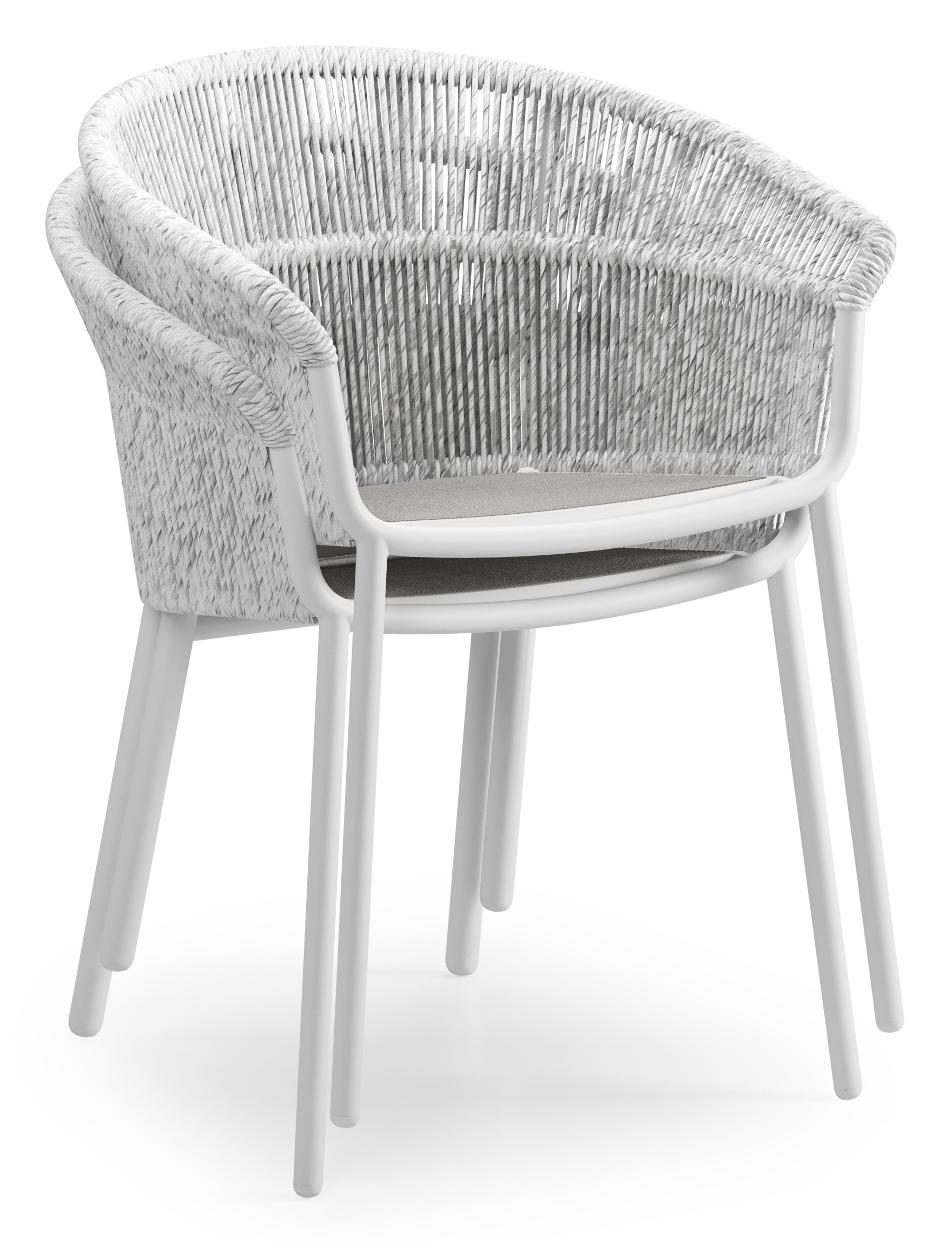 Matera stapelbare tuinstoel in wit aluminium en wit gedraaide ronde wicker met kussen in sand All Weather Olefin