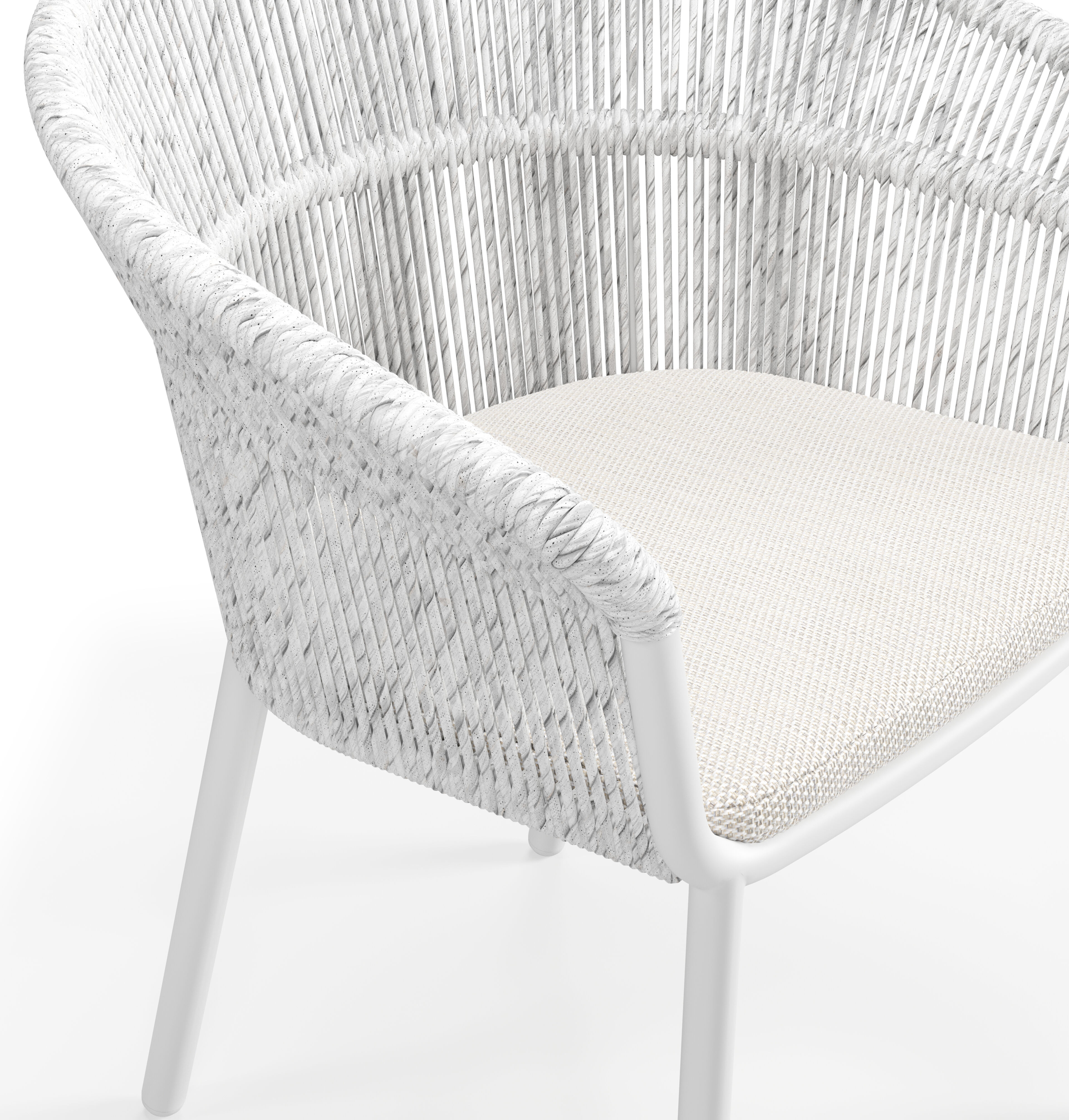 Matera stapelbare tuinstoel in wit aluminium en wit gedraaide ronde wicker met kussen in sand All Weather Olefin