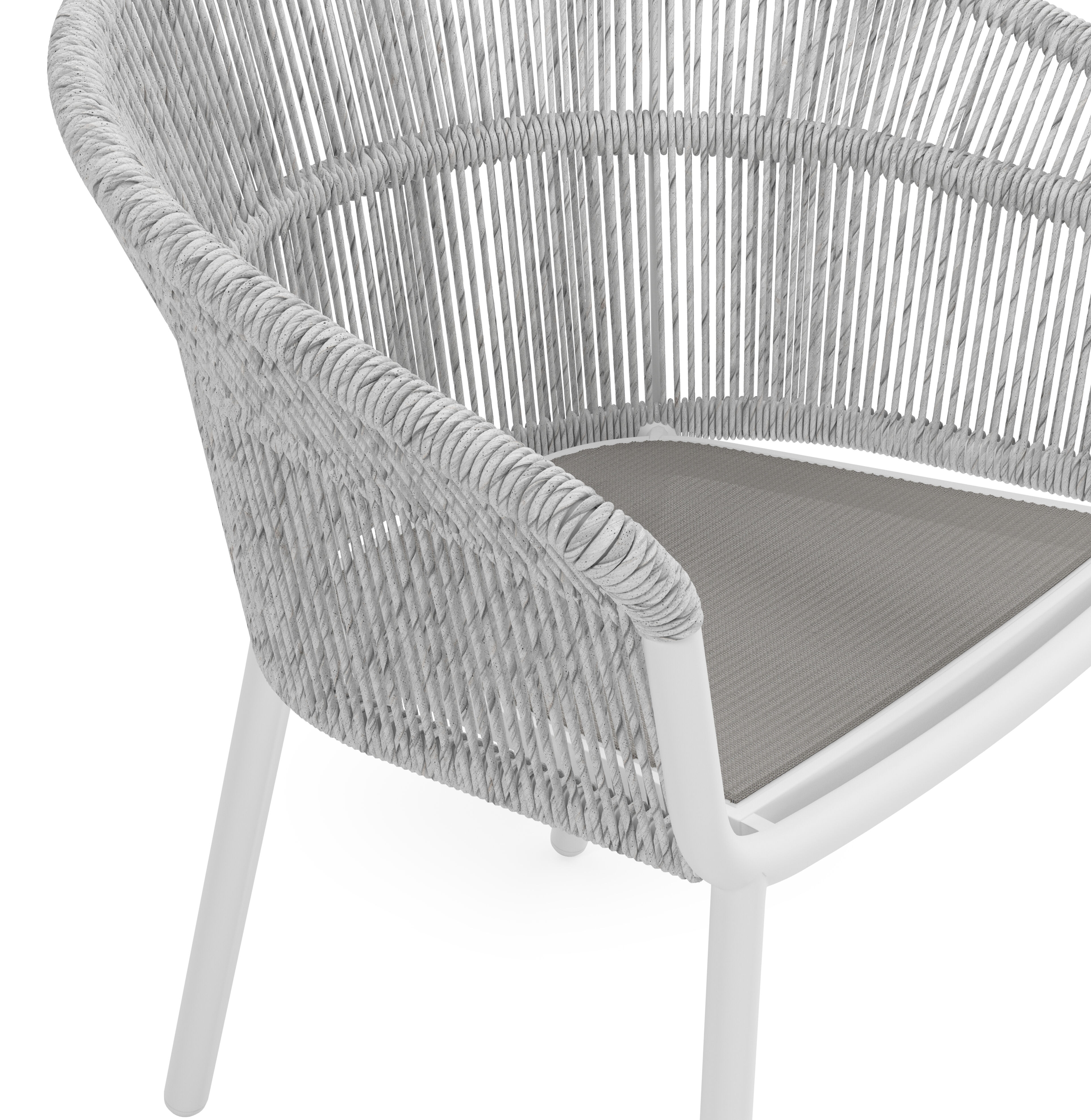 Matera stapelbare tuinstoel in wit aluminium en wit gedraaide ronde wicker met kussen in sand All Weather Olefin