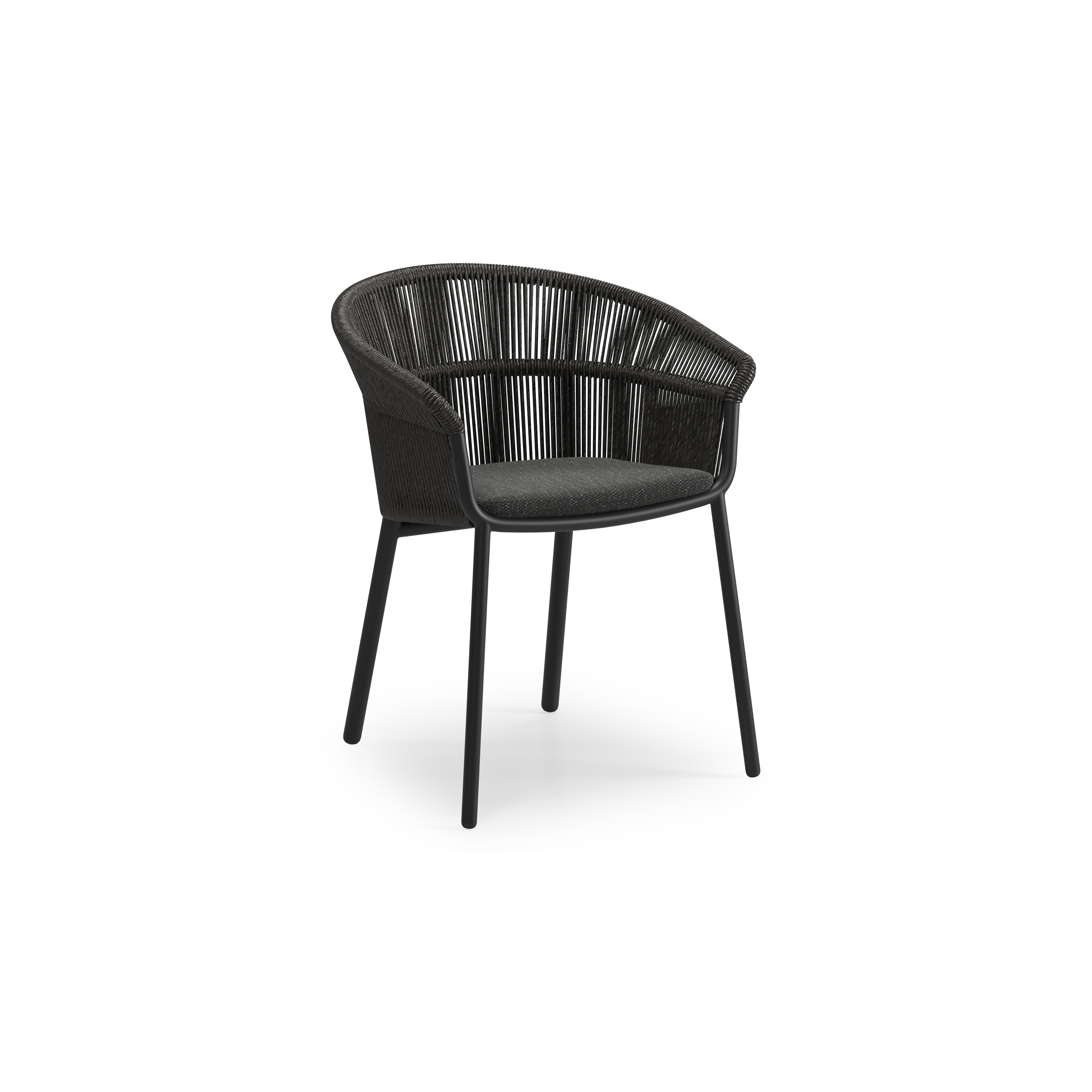 Matera stapelbare tuinstoel in zwart aluminium en zwart gedraaide ronde wicker met kussen in sky black weather+ softtouch
