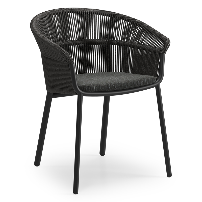 Matera stapelbare tuinstoel in zwart aluminium en zwart gedraaide ronde wicker met kussen in sky black weather+ softtouch