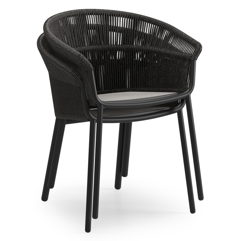 Matera stapelbare tuinstoel in zwart aluminium en zwart gedraaide ronde wicker met kussen in sky black weather+ softtouch