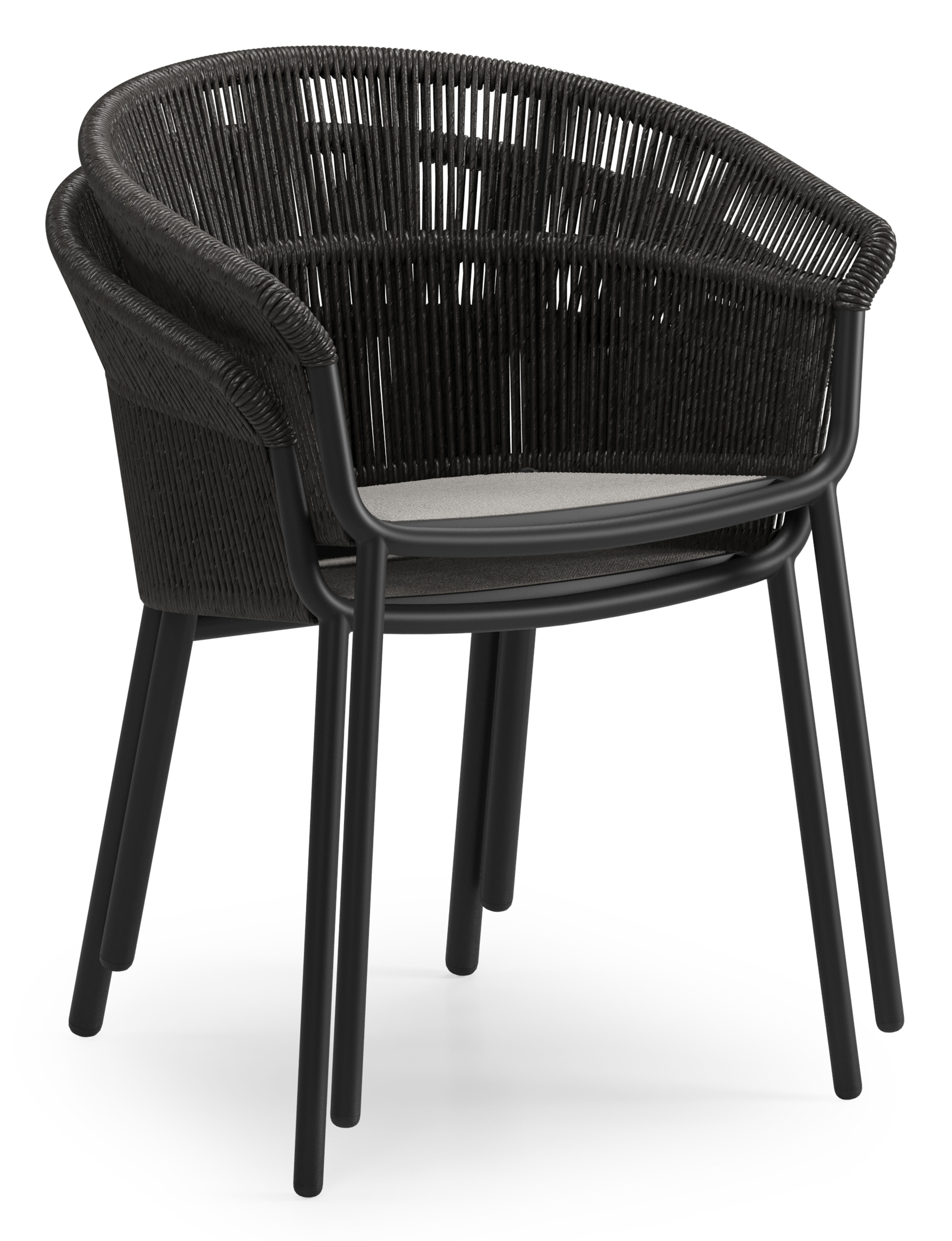Matera stapelbare tuinstoel in zwart aluminium en zwart gedraaide ronde wicker met kussen in sky black weather+ softtouch